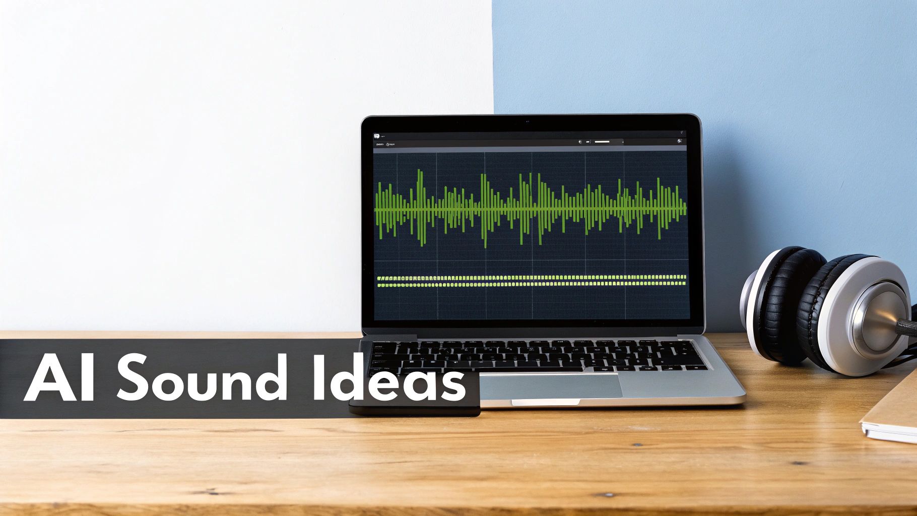 A laptop displaying an audio waveform, headphones, and a sign saying 'AI Sound Ideas' on a wooden desk.