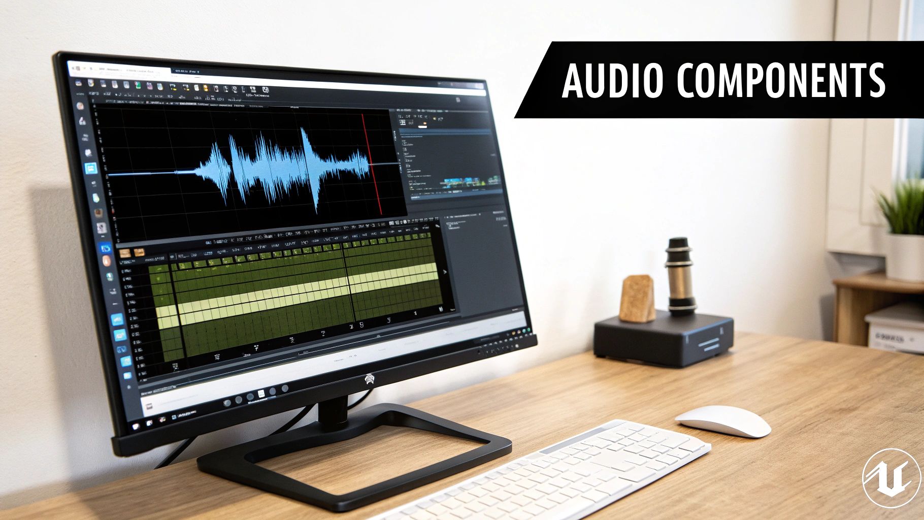 A computer monitor displays audio editing software with waveforms on a wooden desk, accompanied by a keyboard and mouse.