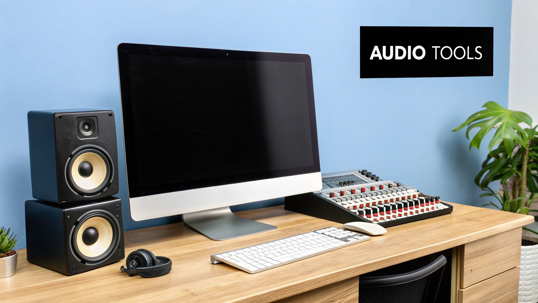 A sound engineer meticulously adjusting controls on a large audio mixing console in a dimly lit studio.
