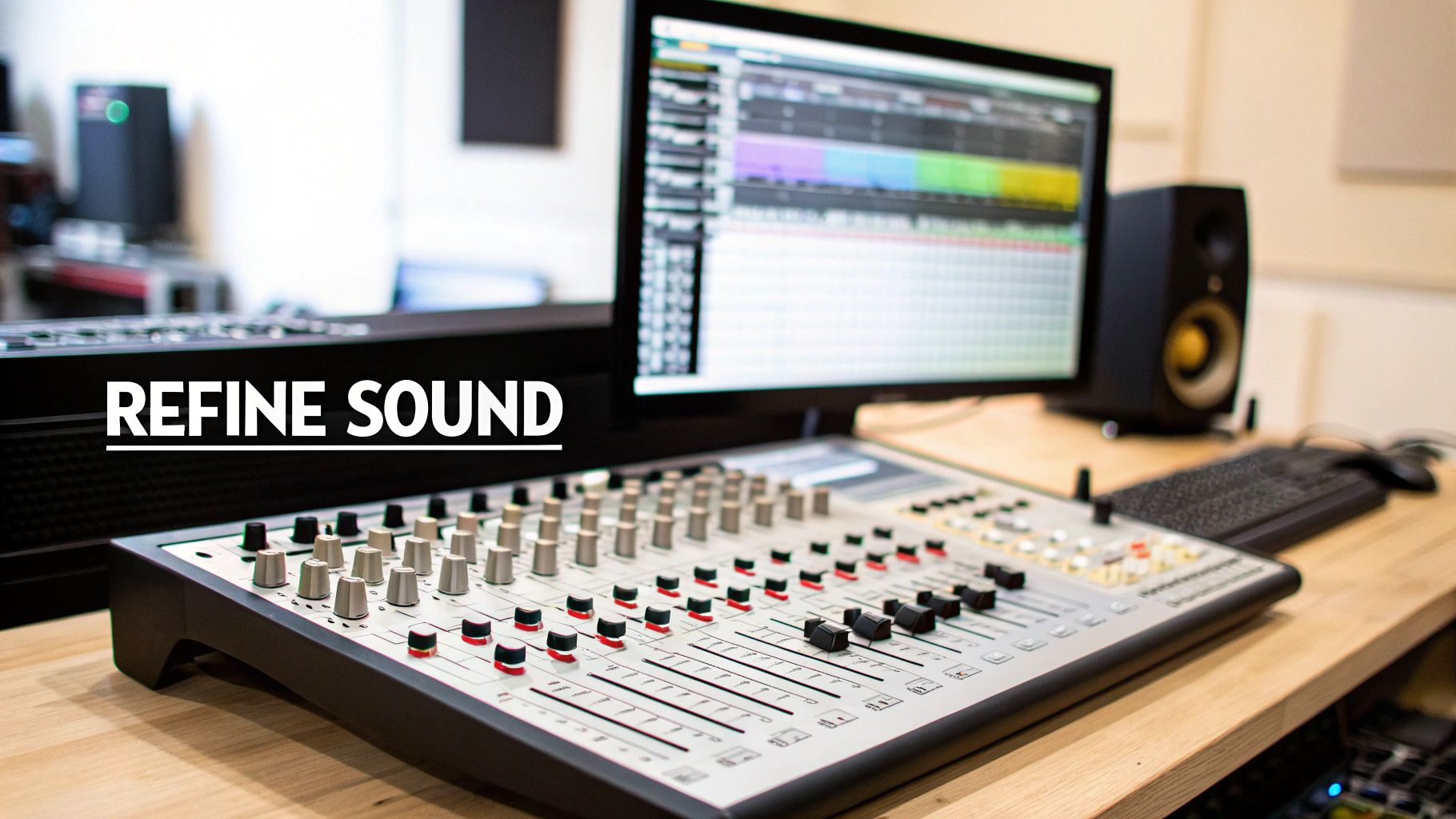 A detailed view of an audio mixing console with glowing faders and knobs, symbolizing the refinement of an electric sound effect.