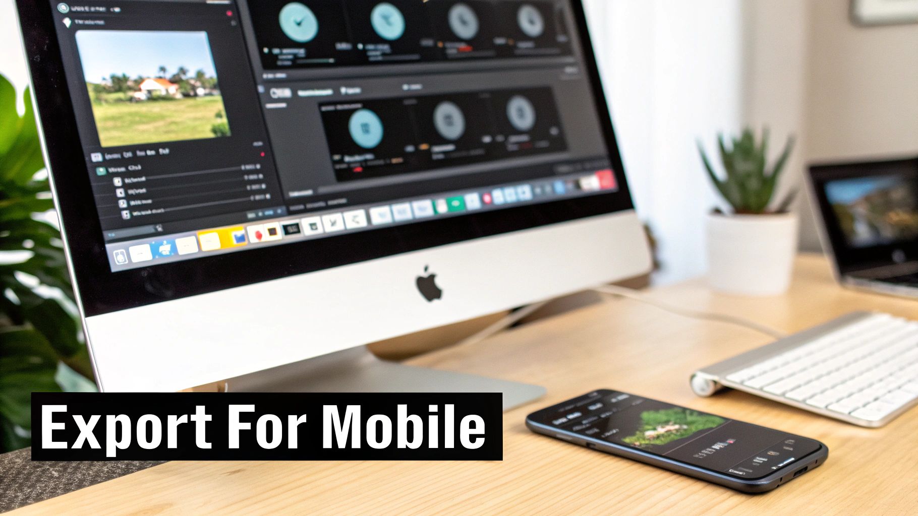 A close-up of a modern workspace with an Apple iMac, a smartphone, and a white keyboard on a wooden desk.