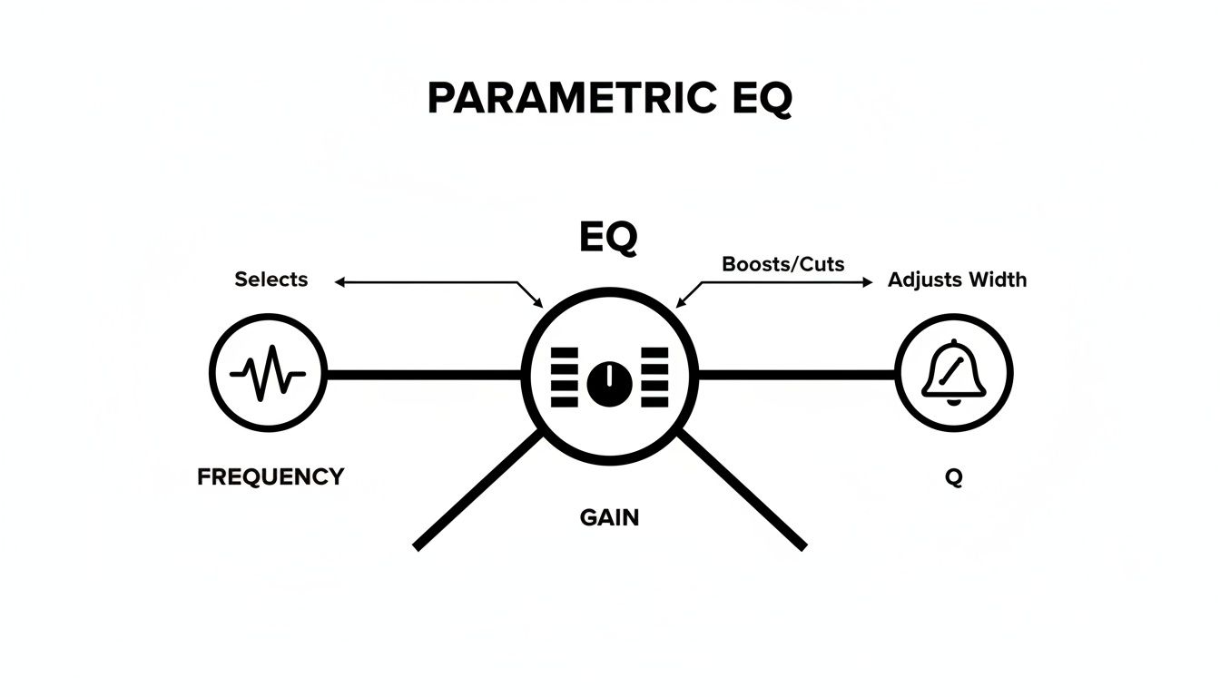 Diagram explaining Parametric EQ controls: Frequency selection, Gain boost/cut, and Q width adjustment.