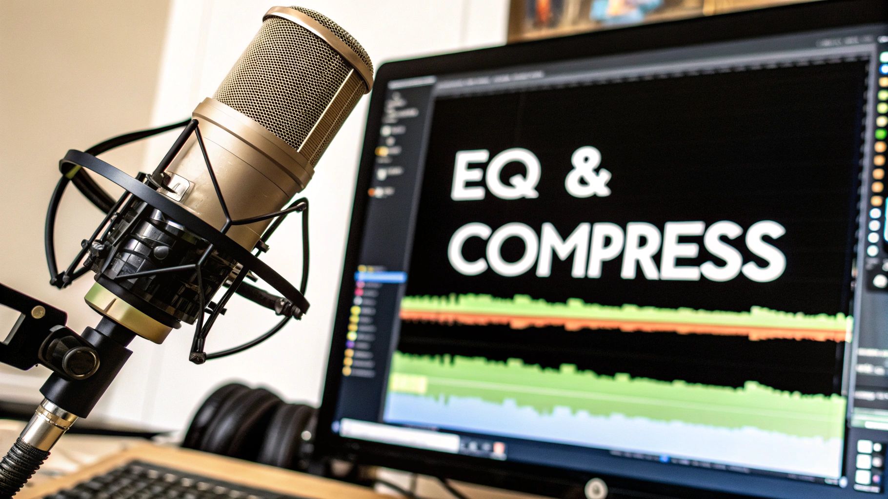 A close-up of a digital audio workstation's EQ and compression plugins on a computer screen