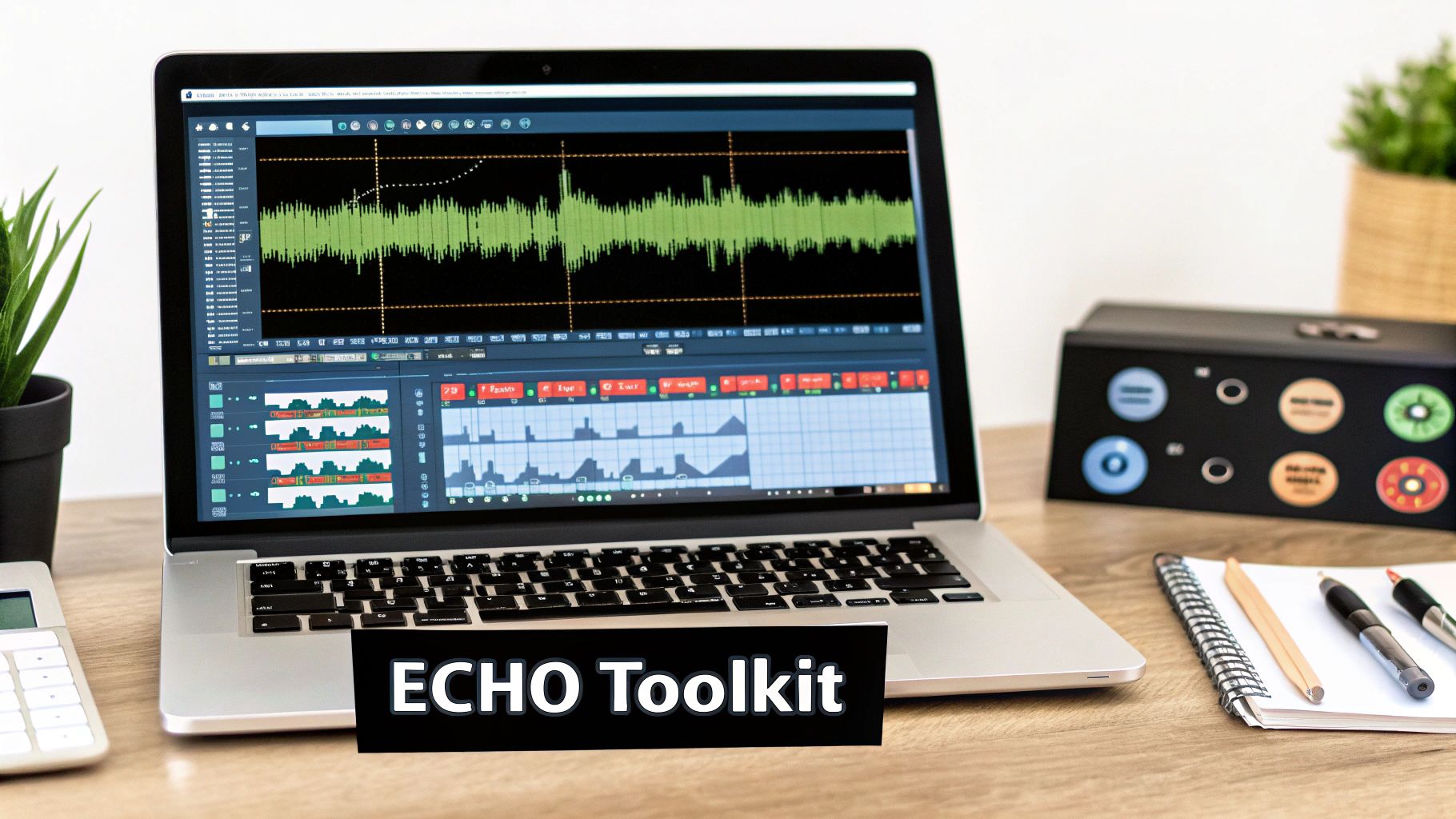 An image showing a computer screen with audio editing software open, displaying waveforms.
