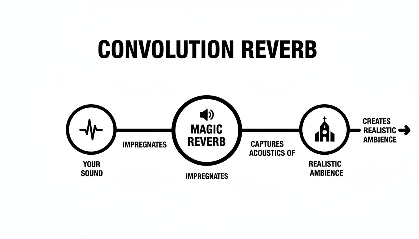 A diagram illustrating convolution reverb, showing a sound wave processed through magic reverb to create realistic ambience.