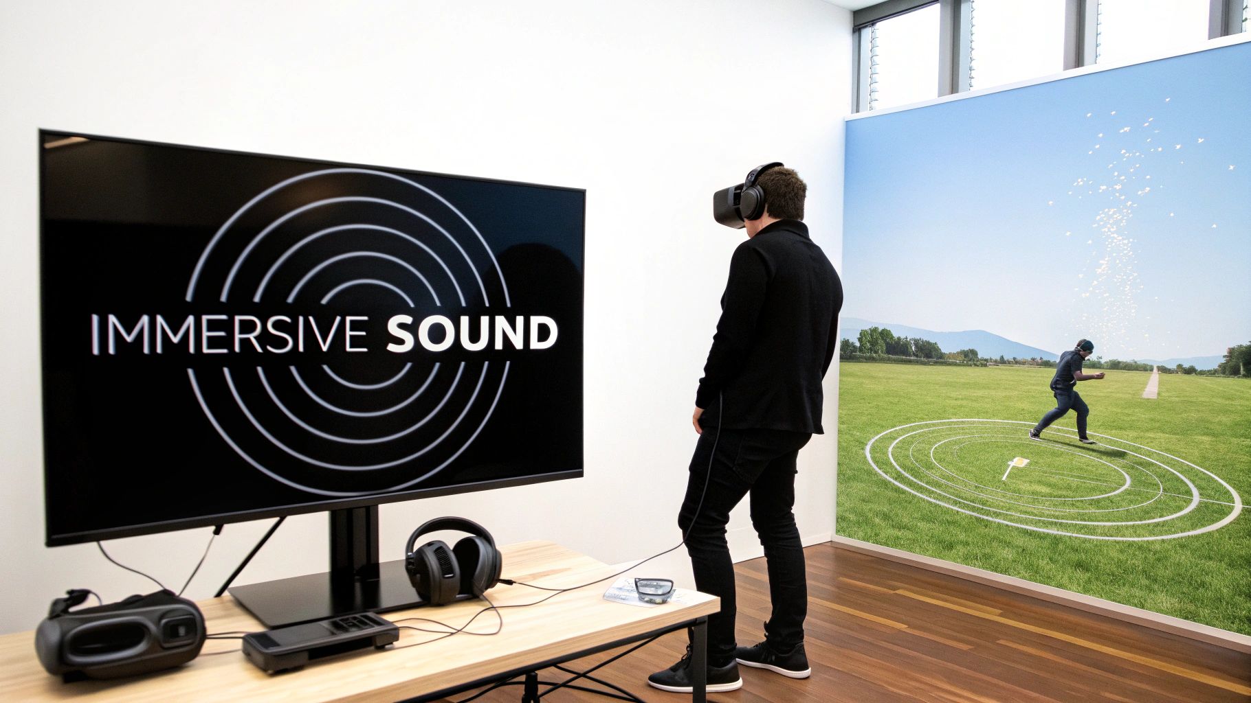 A person in a VR headset and headphones interacting with immersive sound and a virtual game world.