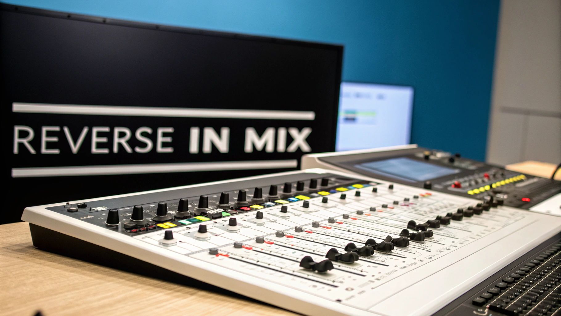 An audio engineer using a mixing console to adjust levels and effects, representing the process of mixing a reverse audio effect into a track.