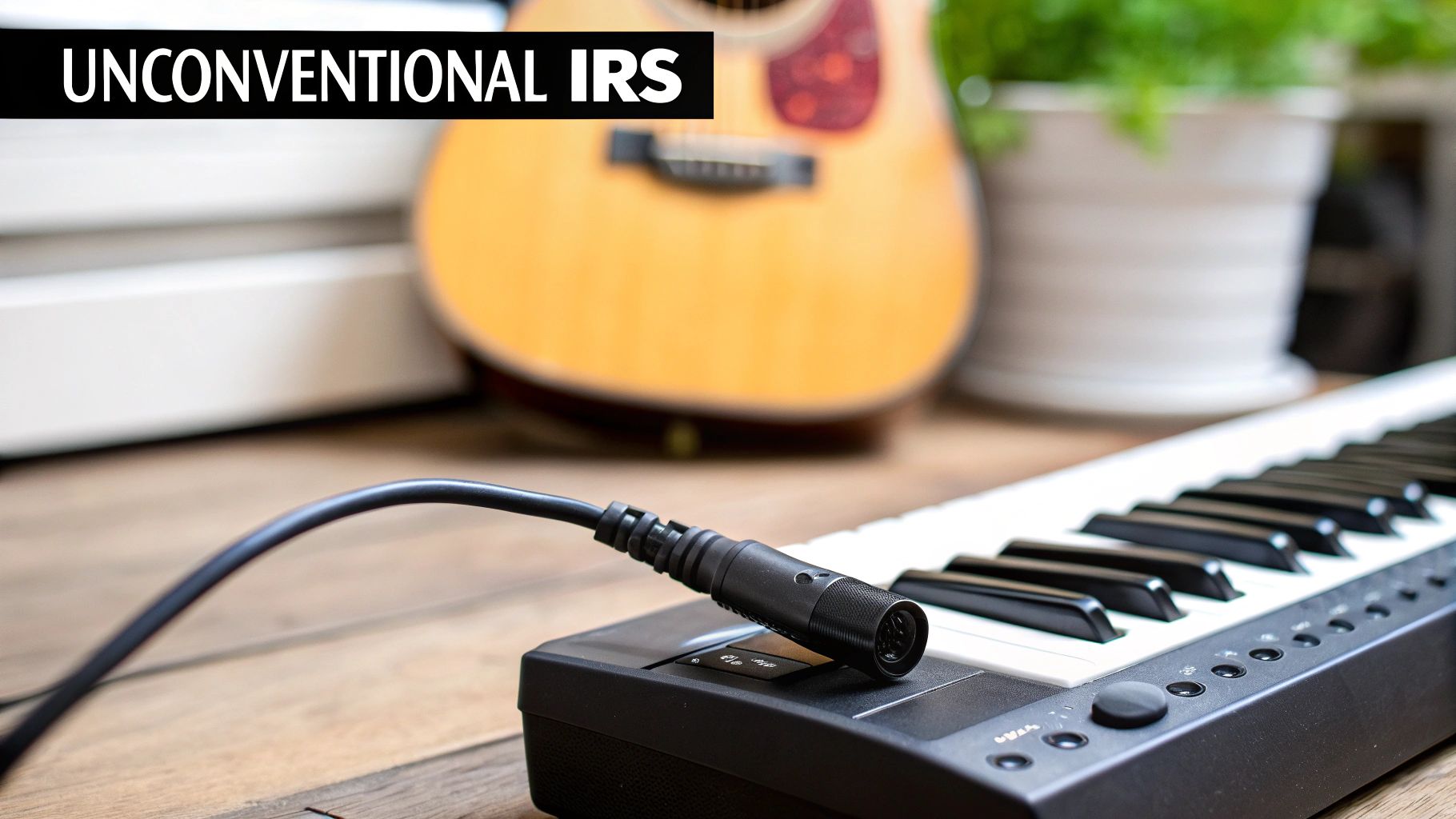 A MIDI keyboard with an XLR cable plugged in, an acoustic guitar and plant blurred in the background.