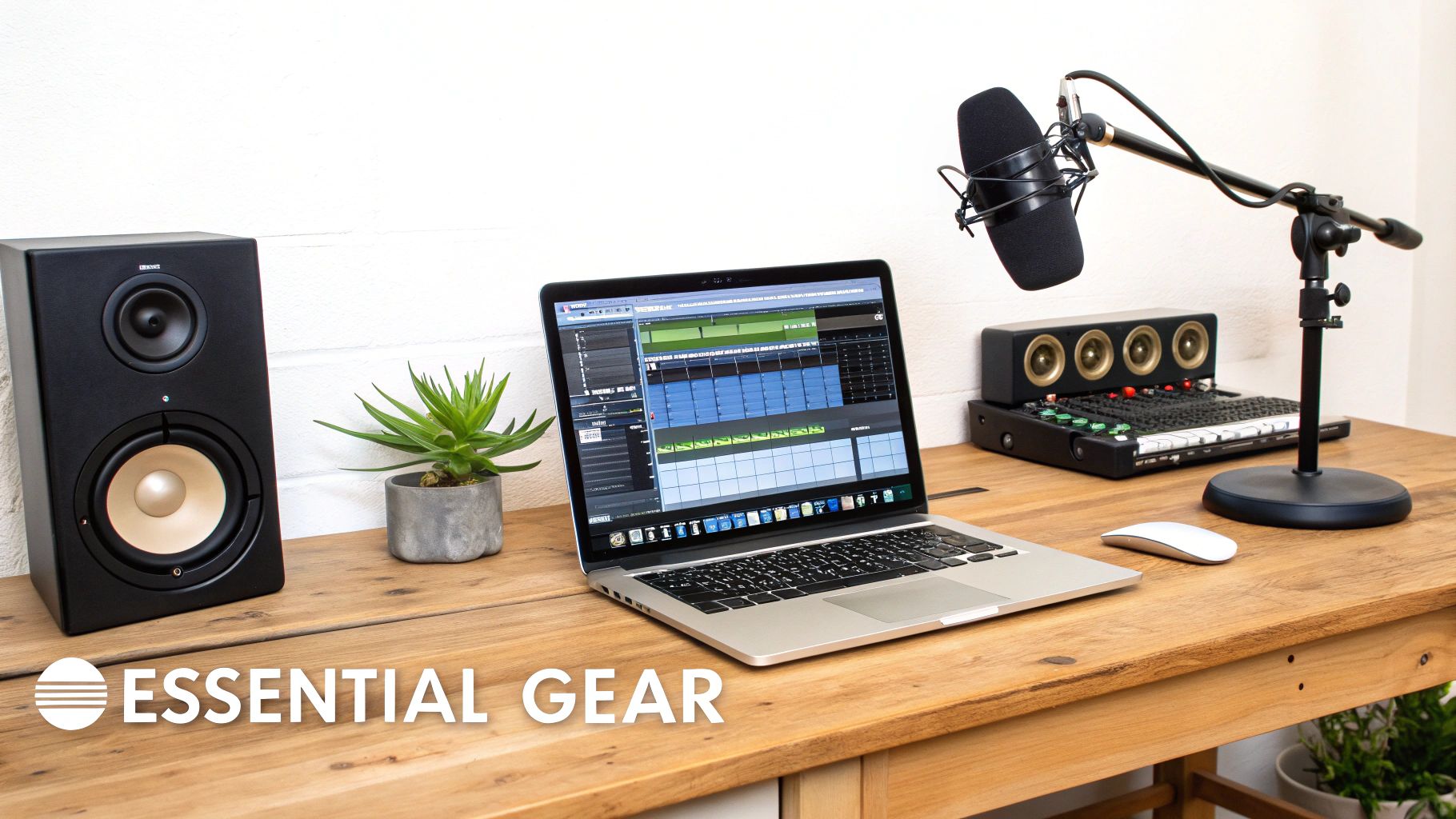 A sound design workstation with a laptop, studio monitor, microphone, and audio mixer on a wooden desk.