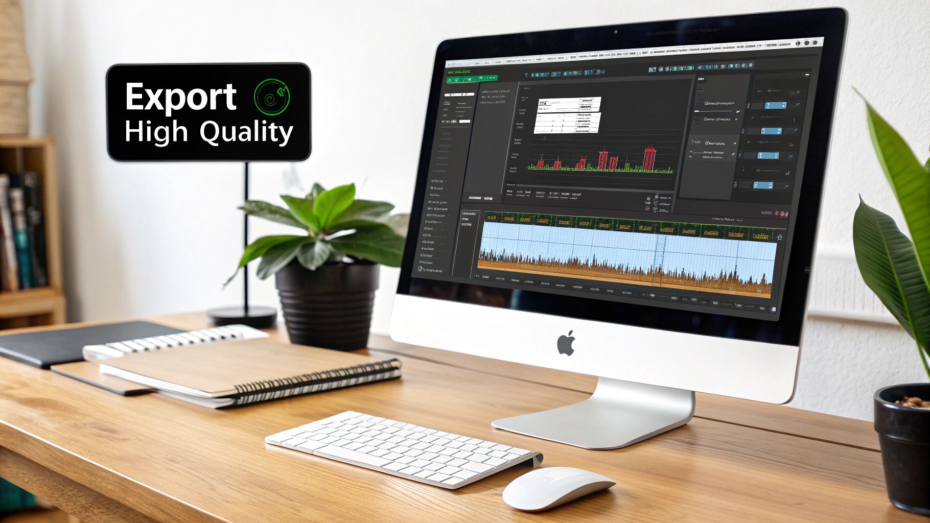 A visual representation of an audio file being exported, with soundwaves moving from a creation software to a folder icon.