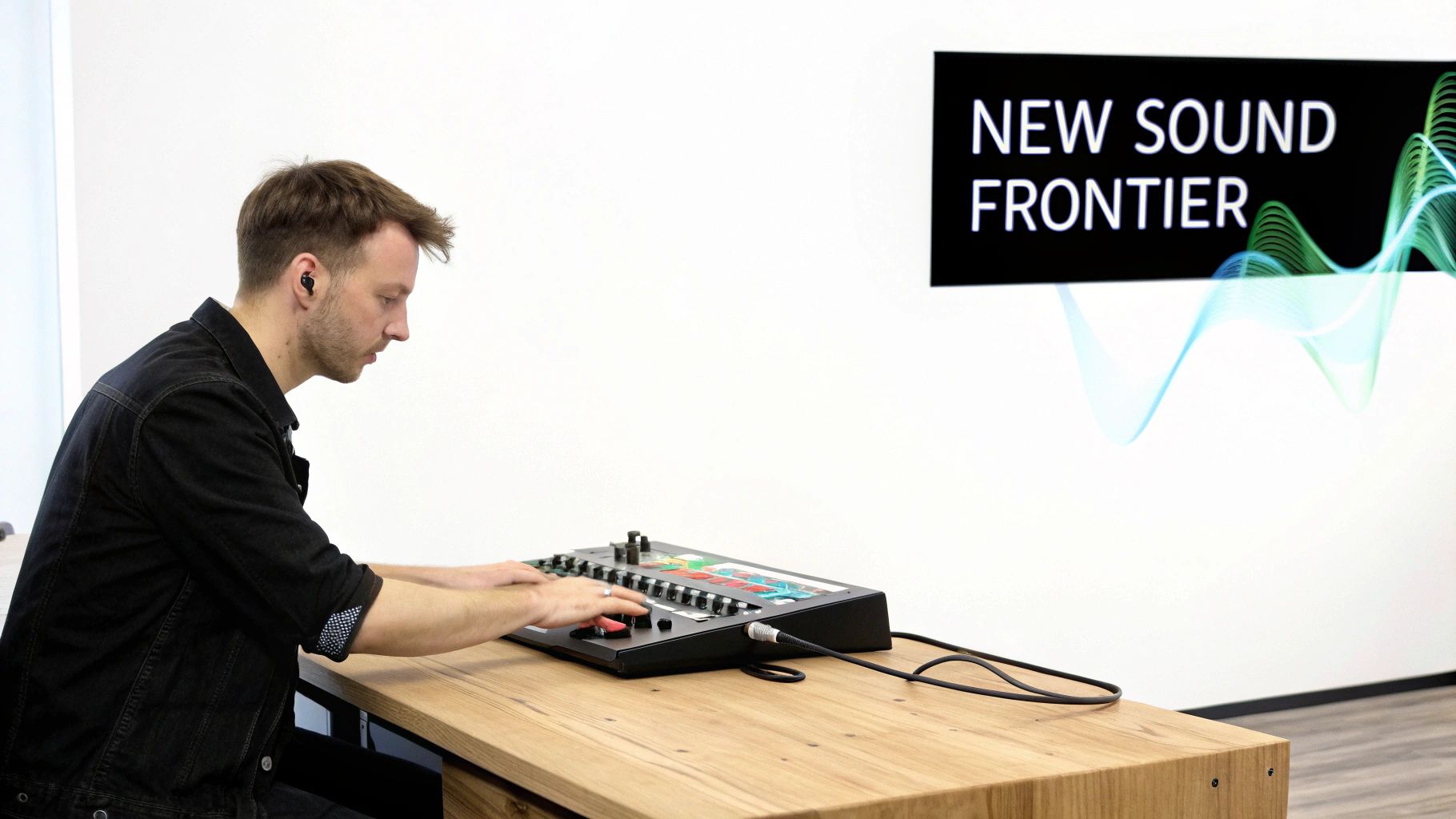 Music producer using electronic sound synthesizer at demonstration booth for new audio technology