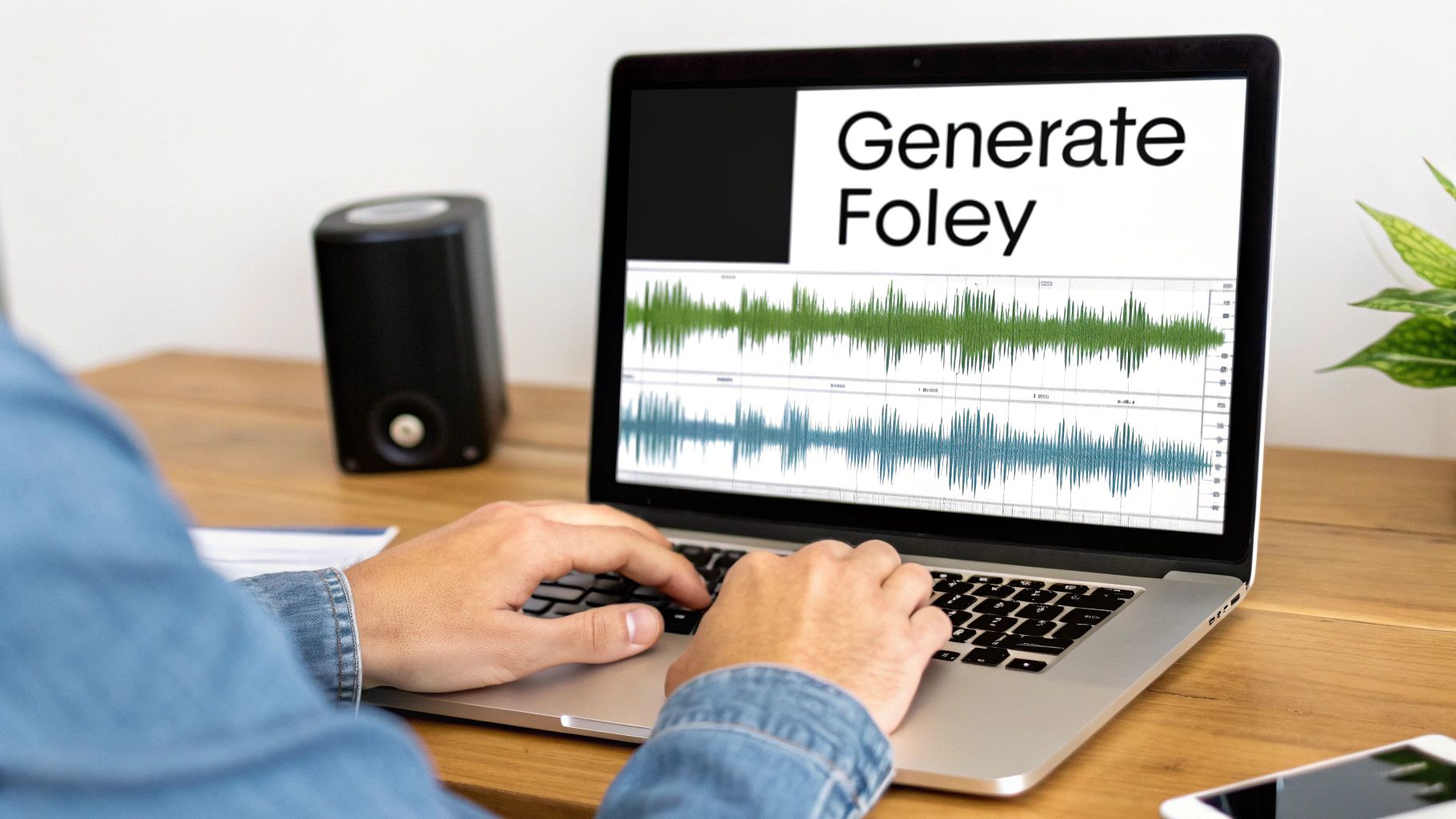 Person typing on a laptop displaying 'Generate Foley' and audio waveforms for sound design.
