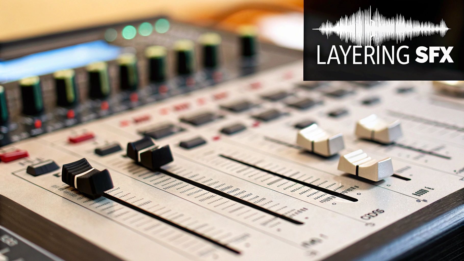 An audio mixing board with faders and dials, overlaid with a graphic saying "LAYERING SFX" and a waveform.