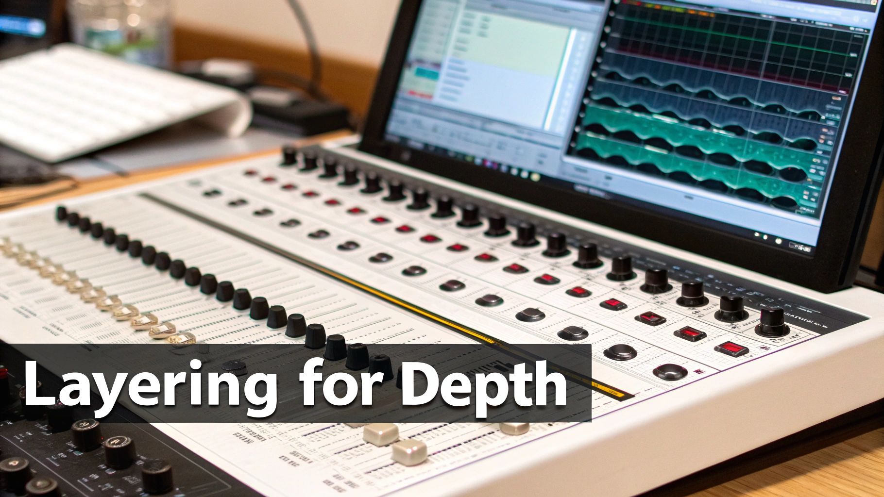 Raindrops creating ripples on a calm water surface, symbolizing layered sound effects.