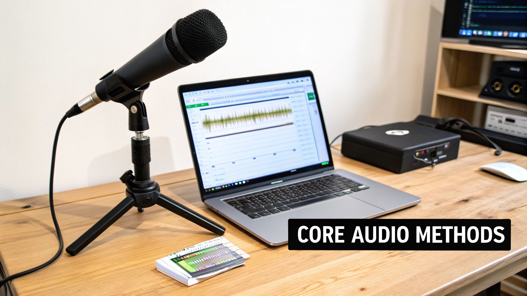 A professional audio recording setup with a microphone, laptop displaying sound waves, and audio interface on a wooden desk.