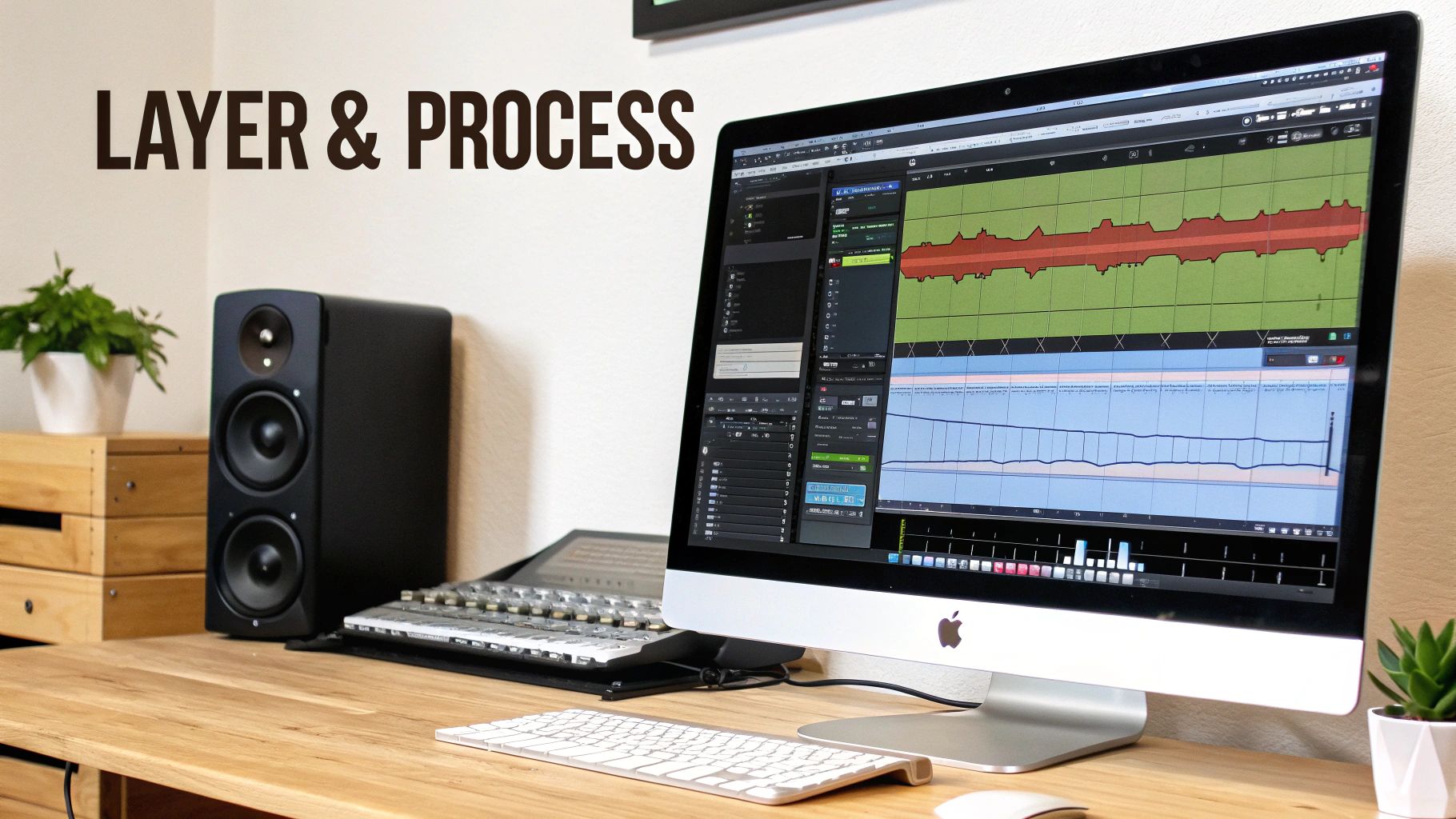 A person layering sound waves on a computer screen, representing the creation of drum sound effects.