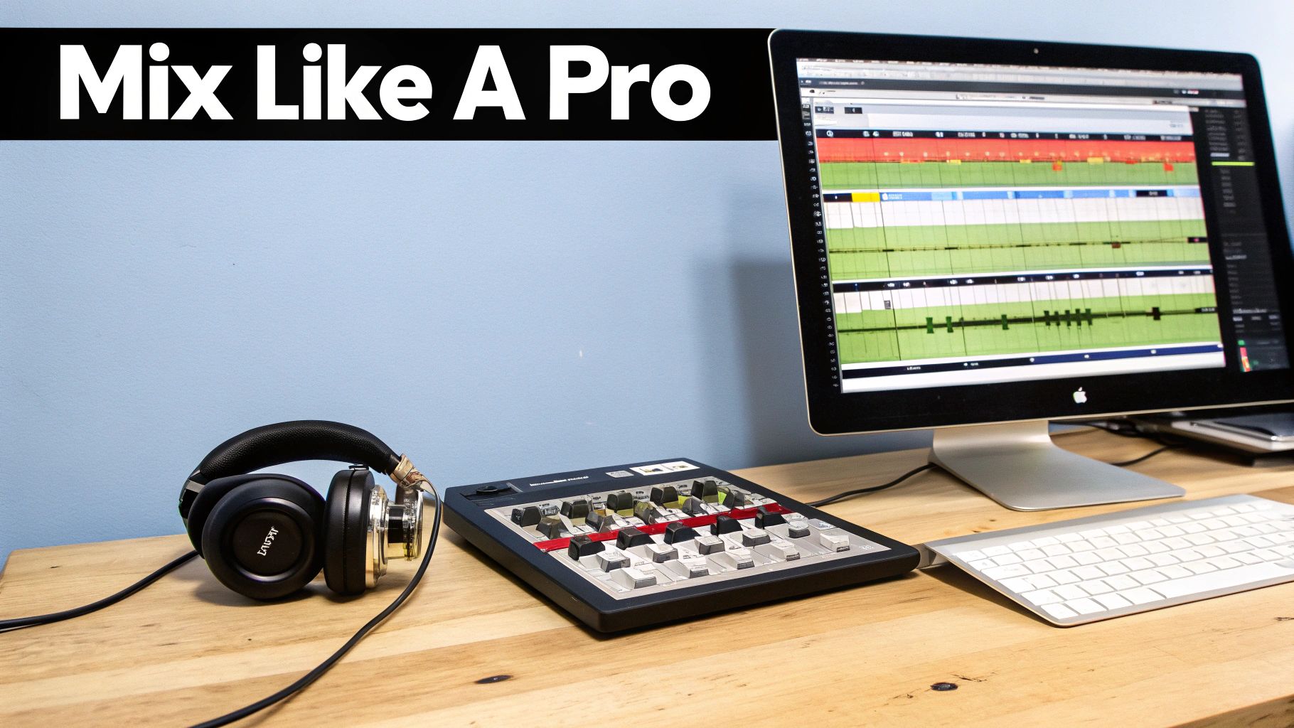 Professional music production studio setup with headphones, MIDI controller, keyboard, and computer displaying audio editing software