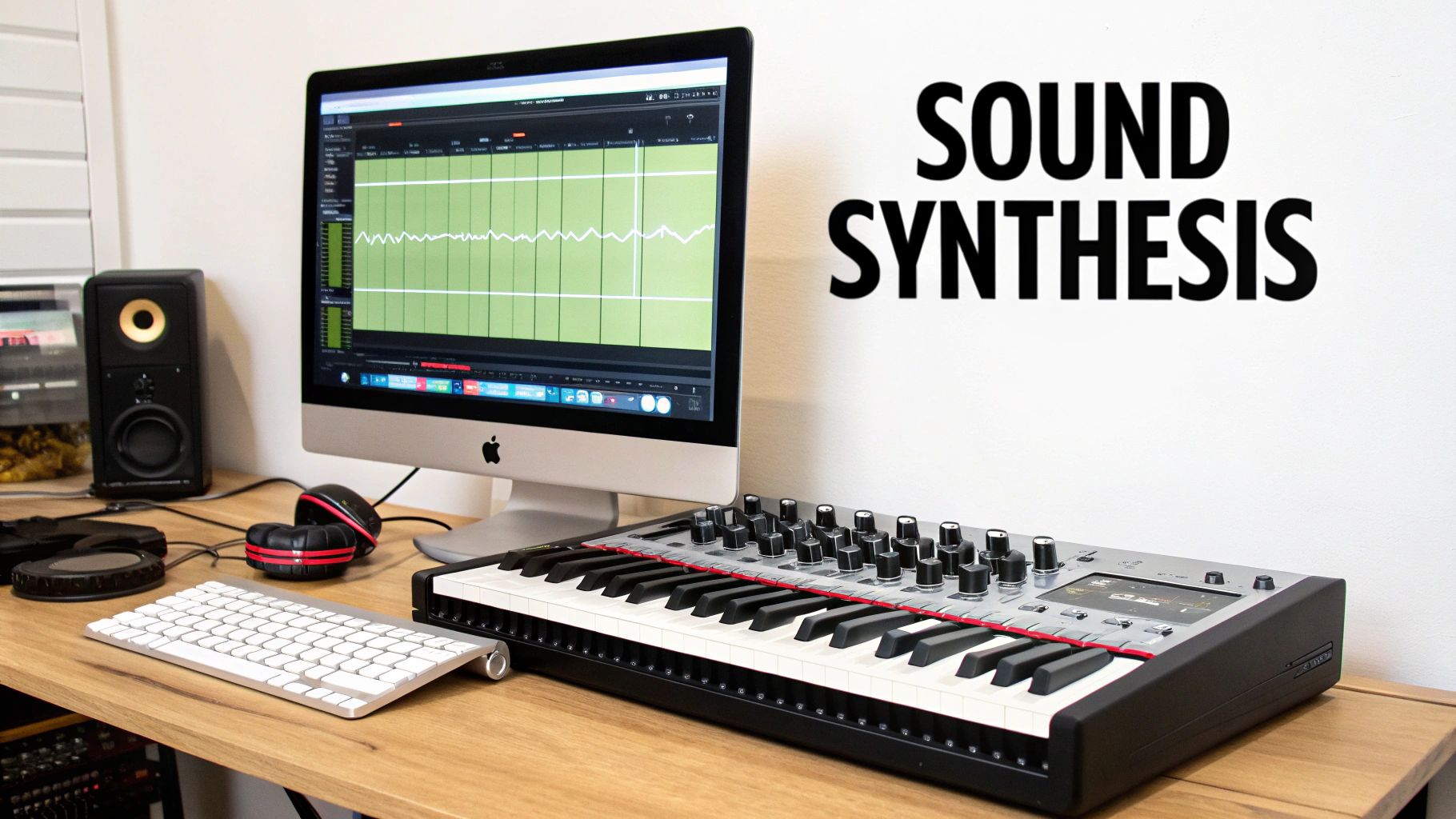 A studio desk with an Apple iMac, a synthesizer, studio monitors, and headphones, illustrating sound synthesis.