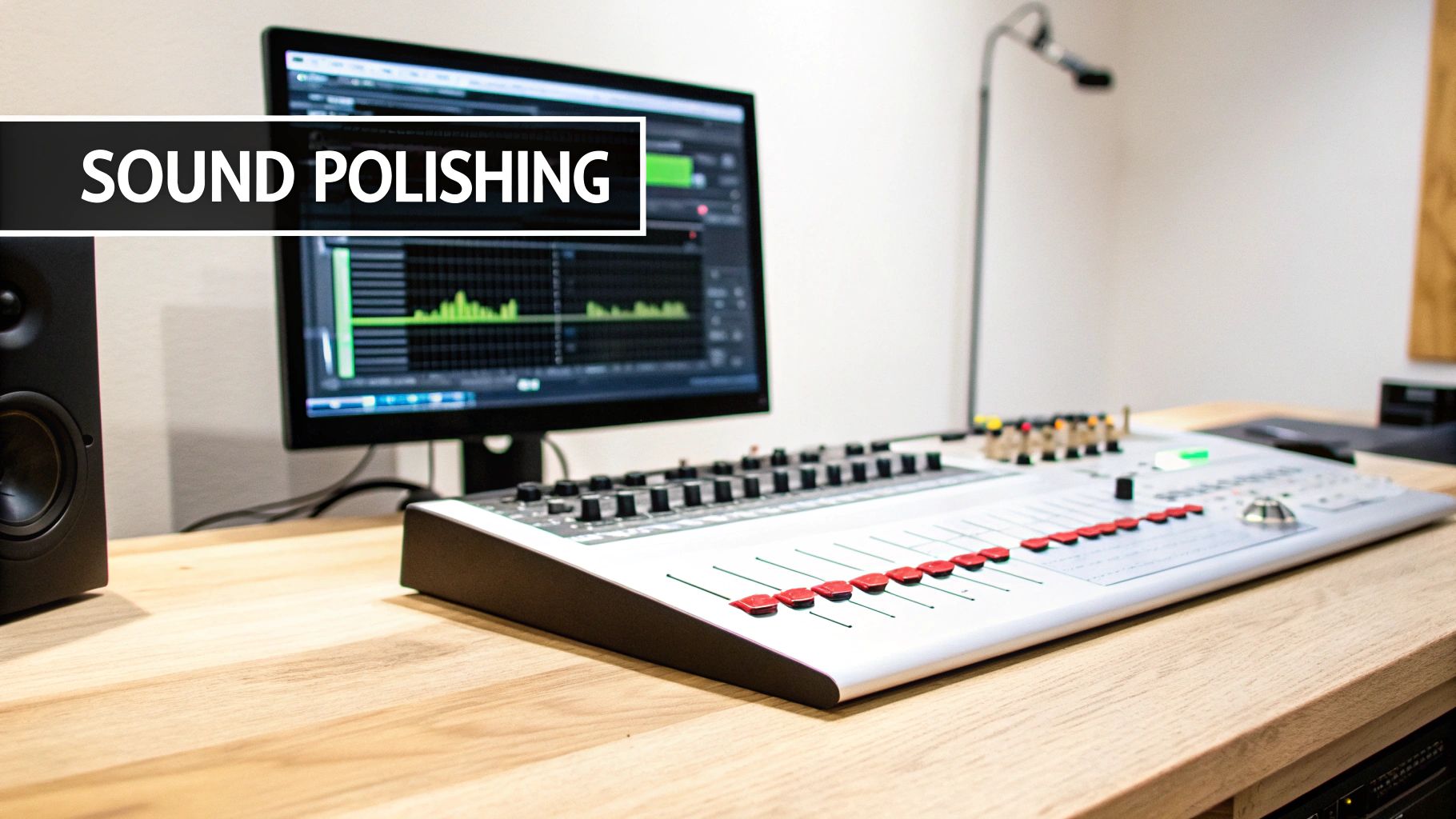 Professional audio editing studio desk with mixing console, monitor speakers, and digital audio workstation software