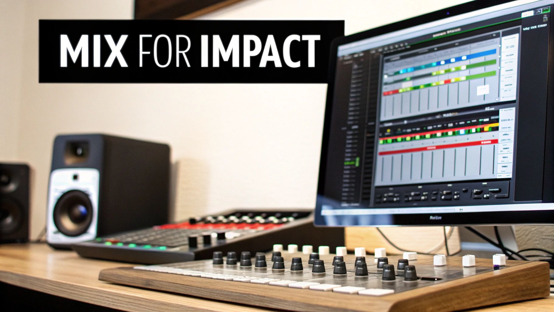 Professional music production studio with mixing console, monitor speakers, and digital audio workstation displaying colorful tracks