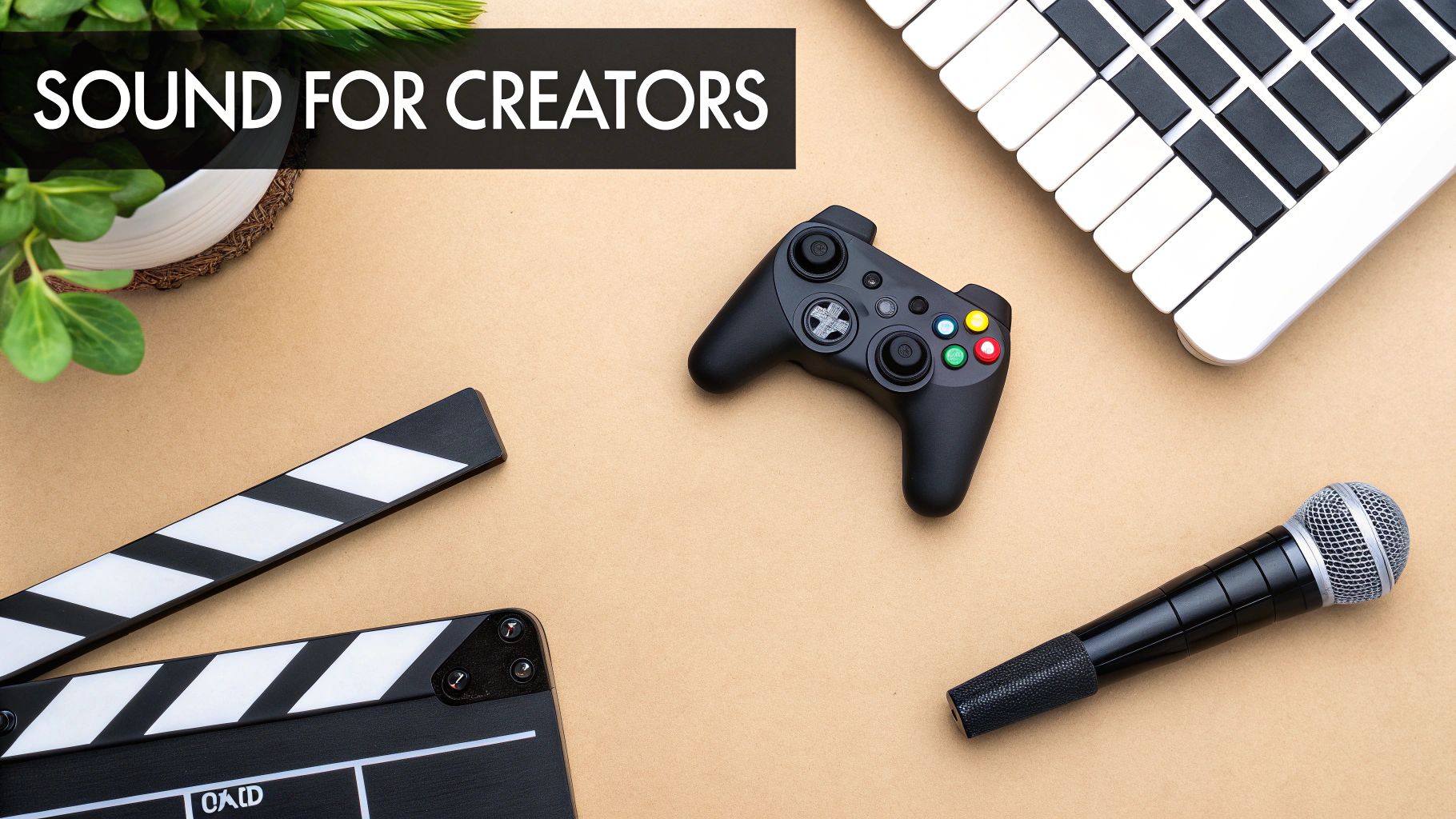 Content creator workspace with gaming controller, microphone, clapperboard, keyboard, and plant on desk