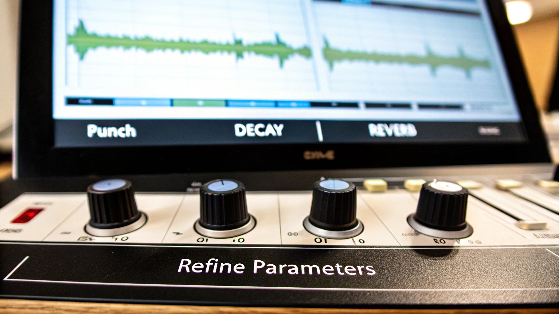 A digital audio workstation interface showing various sound parameters and waveforms, illustrating the process of sculpting drum sounds.