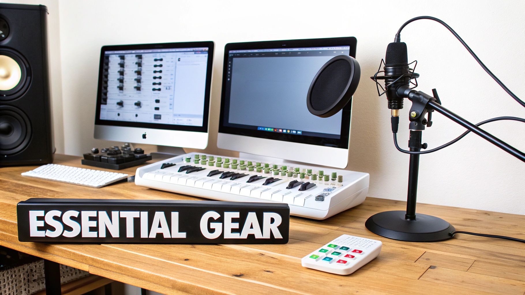 A professional recording studio setup featuring an audio interface, microphones, and studio monitors on a desk.
