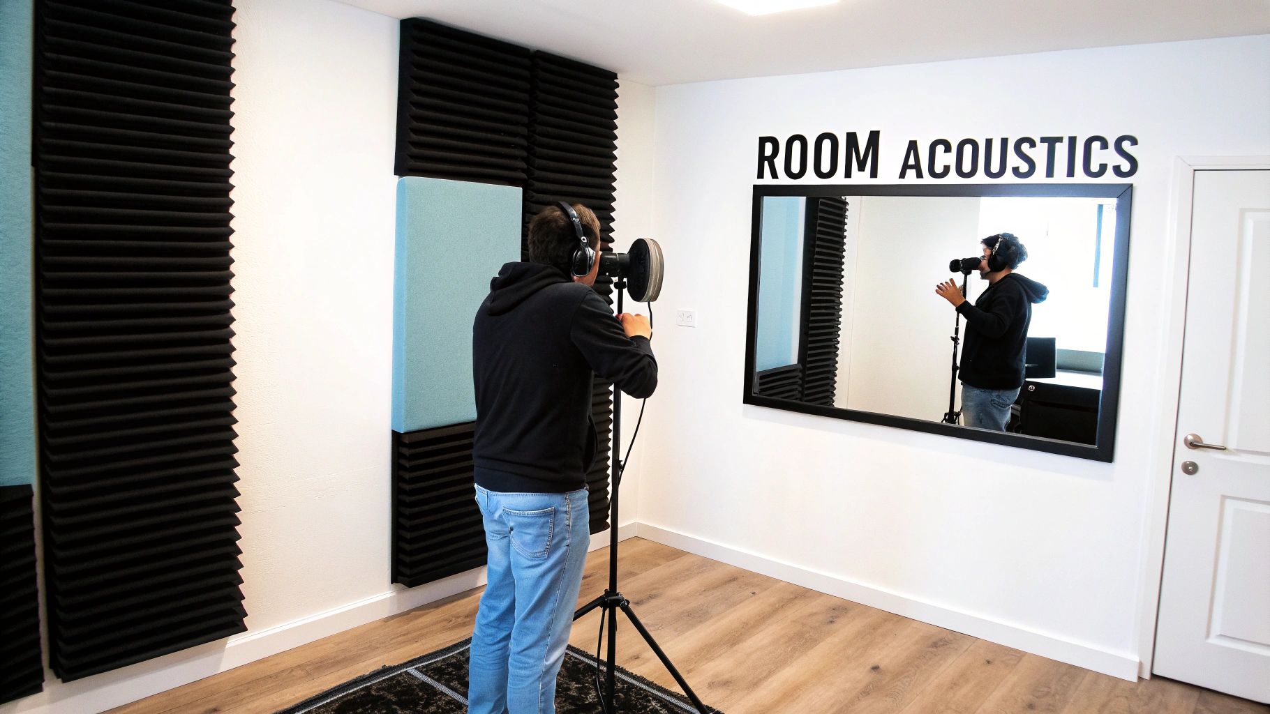 A professionally treated recording studio with acoustic panels on the walls and bass traps in the corners.