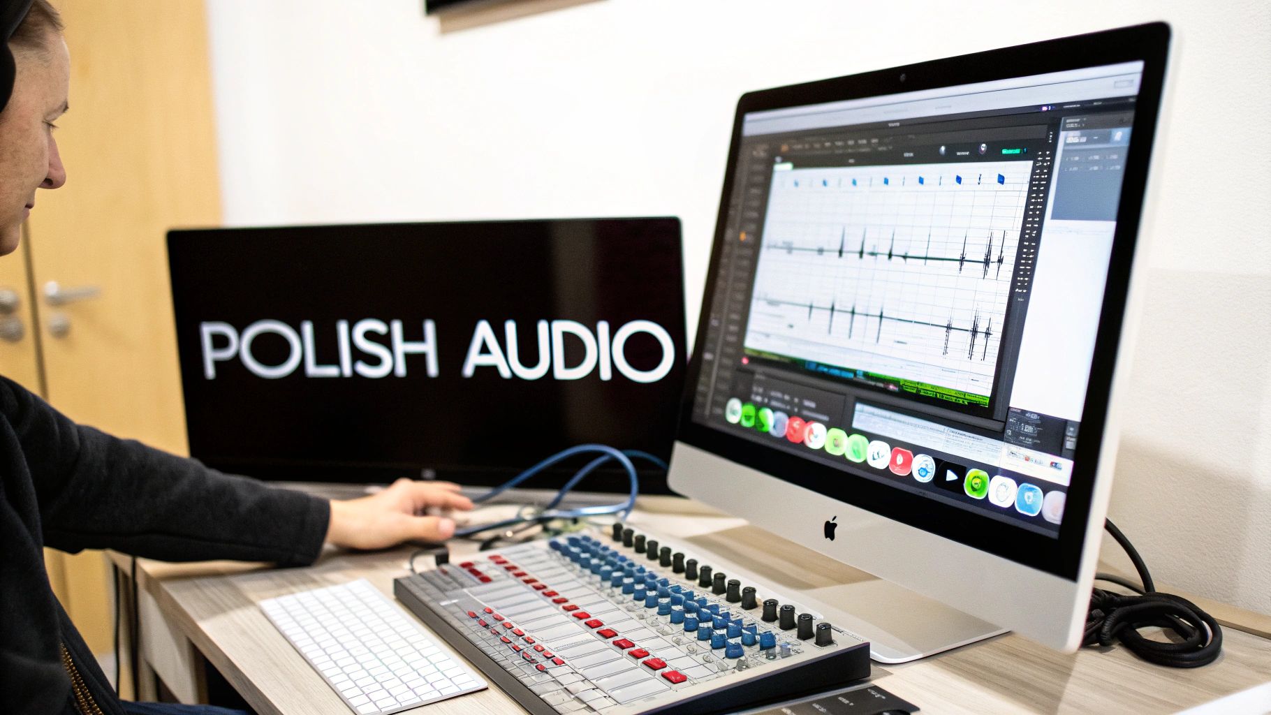 A person in headphones working on audio production using a computer and mixing console.