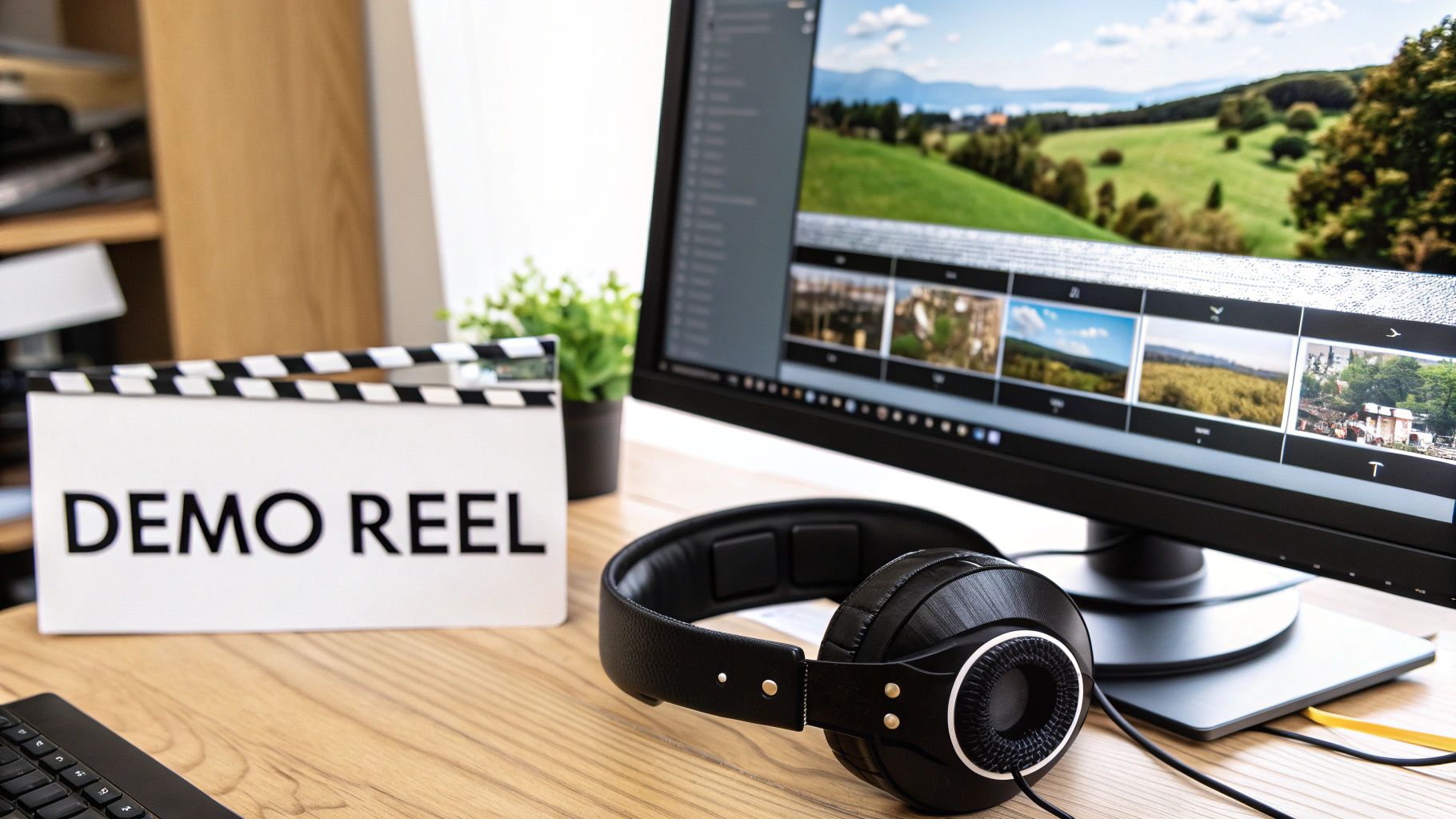 A close-up of a desk showing video editing on a monitor, headphones, and a clapperboard labeled "DEMO REEL".