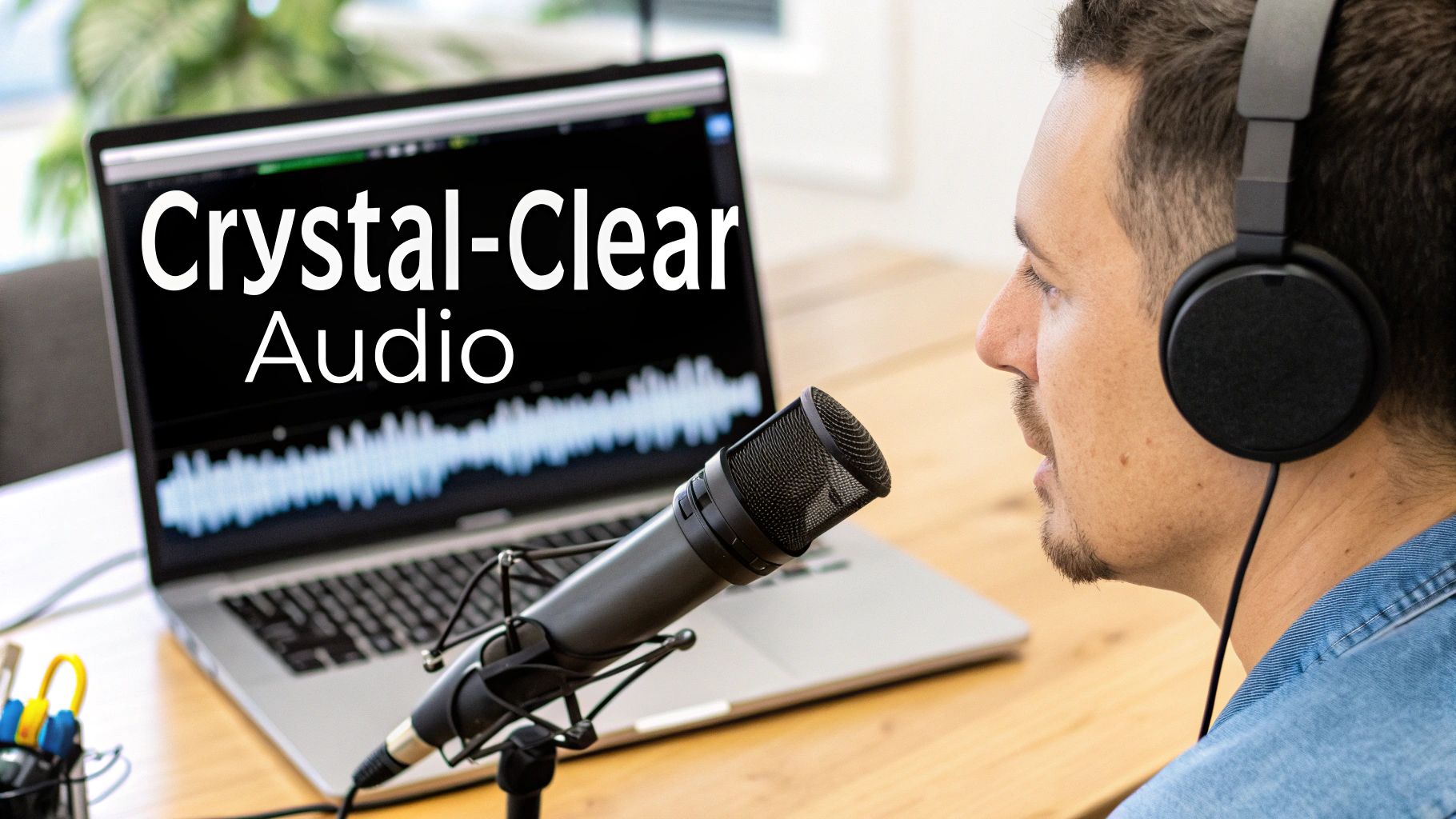 A man wearing headphones records audio into a microphone, with a laptop displaying "Crystal-Clear Audio" and sound waves.