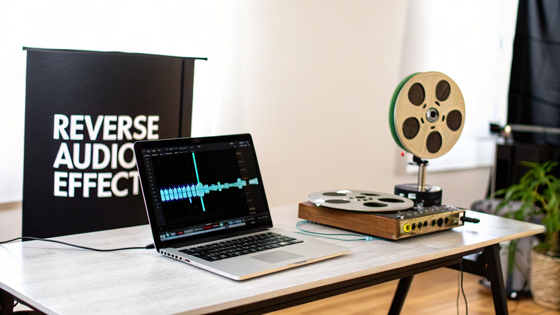 A visual representation of an audio waveform being reversed, showing the sound flipping direction