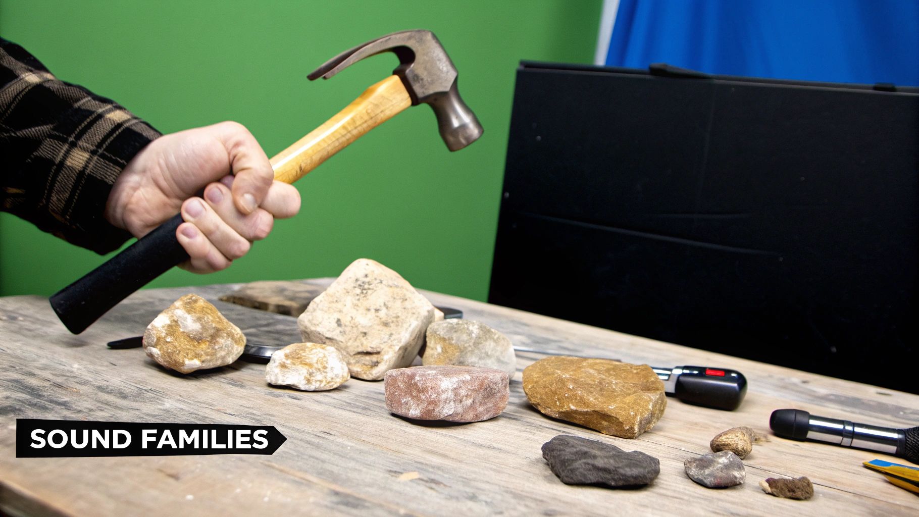 A diverse collage of images representing different impact sound families: a boxer's glove, a crashing car, a lightning strike, and a futuristic laser blast.
