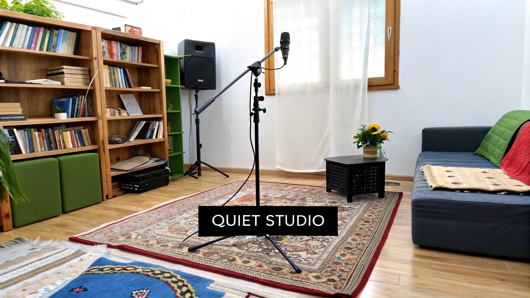 A person adjusting a microphone in a home studio with soft furnishings in the background.