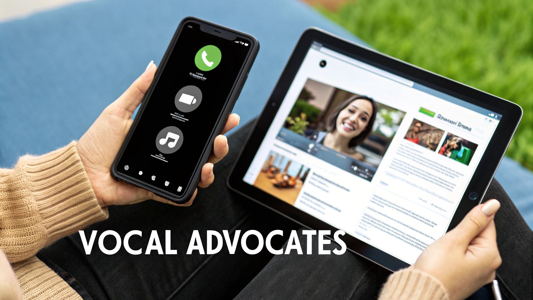 Person holding a smartphone with a call screen and a tablet displaying a video and articles.