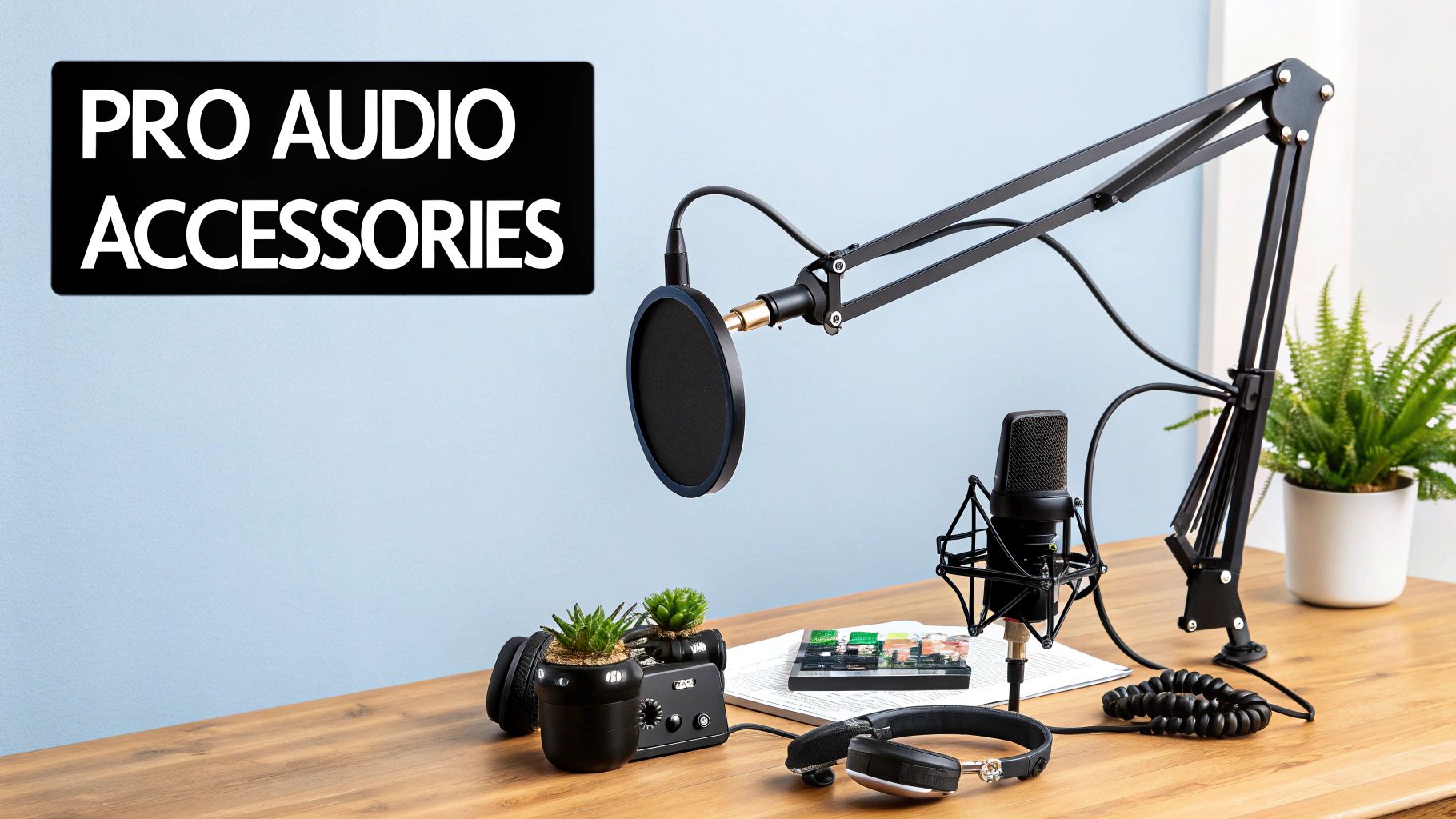 A podcaster's desk setup showing essential accessories like a boom arm, pop filter, and audio interface.