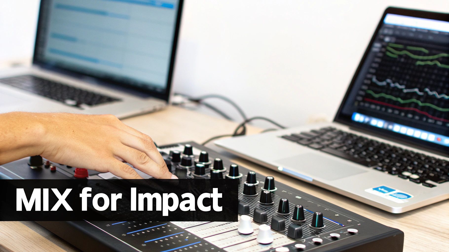 A digital audio workstation interface showing EQ and compression plugins, representing the mixing process for a dramatic sound effect.