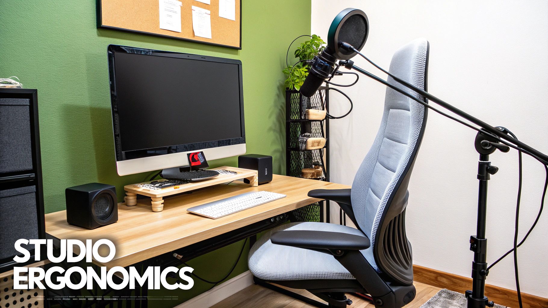 A comfortable and ergonomic studio desk setup with a computer, monitors, and an audio interface.