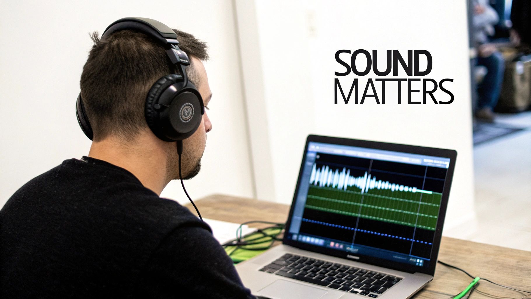 A person wearing headphones, focused on editing audio on a computer screen, symbolizing the creative process behind sound effects for intros.