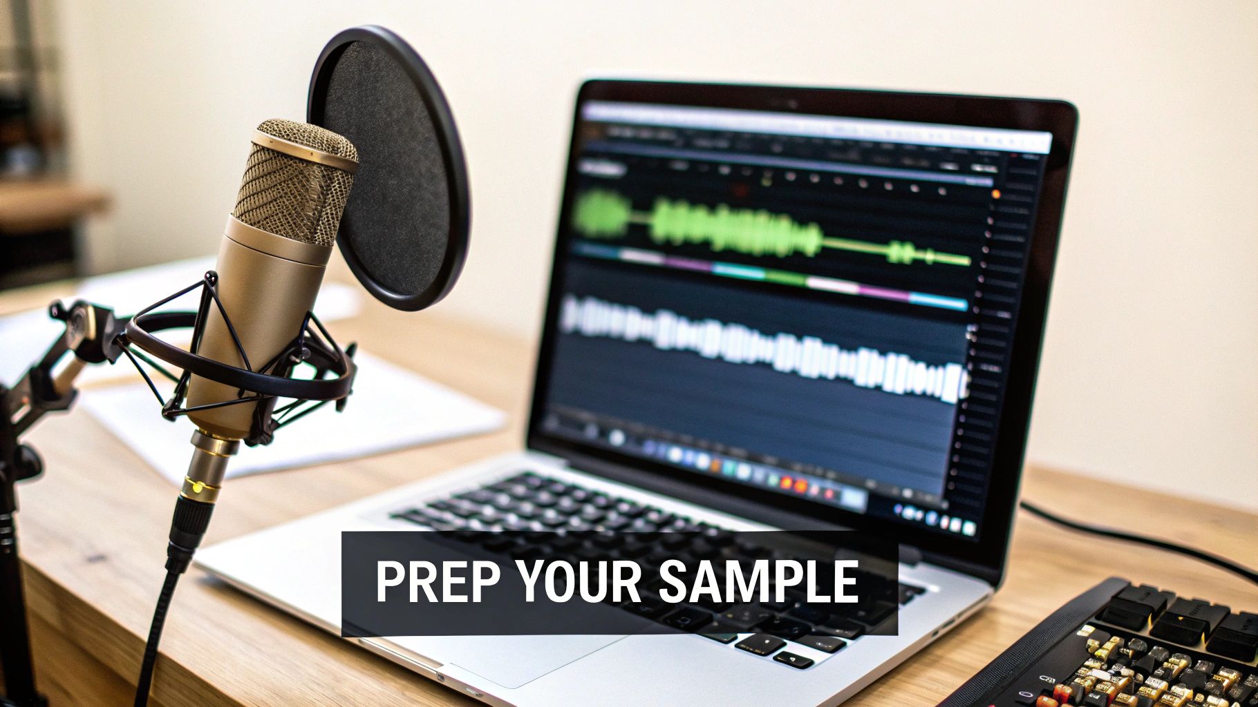 A professional microphone with a pop filter and a laptop displaying audio editing software on a wooden desk.