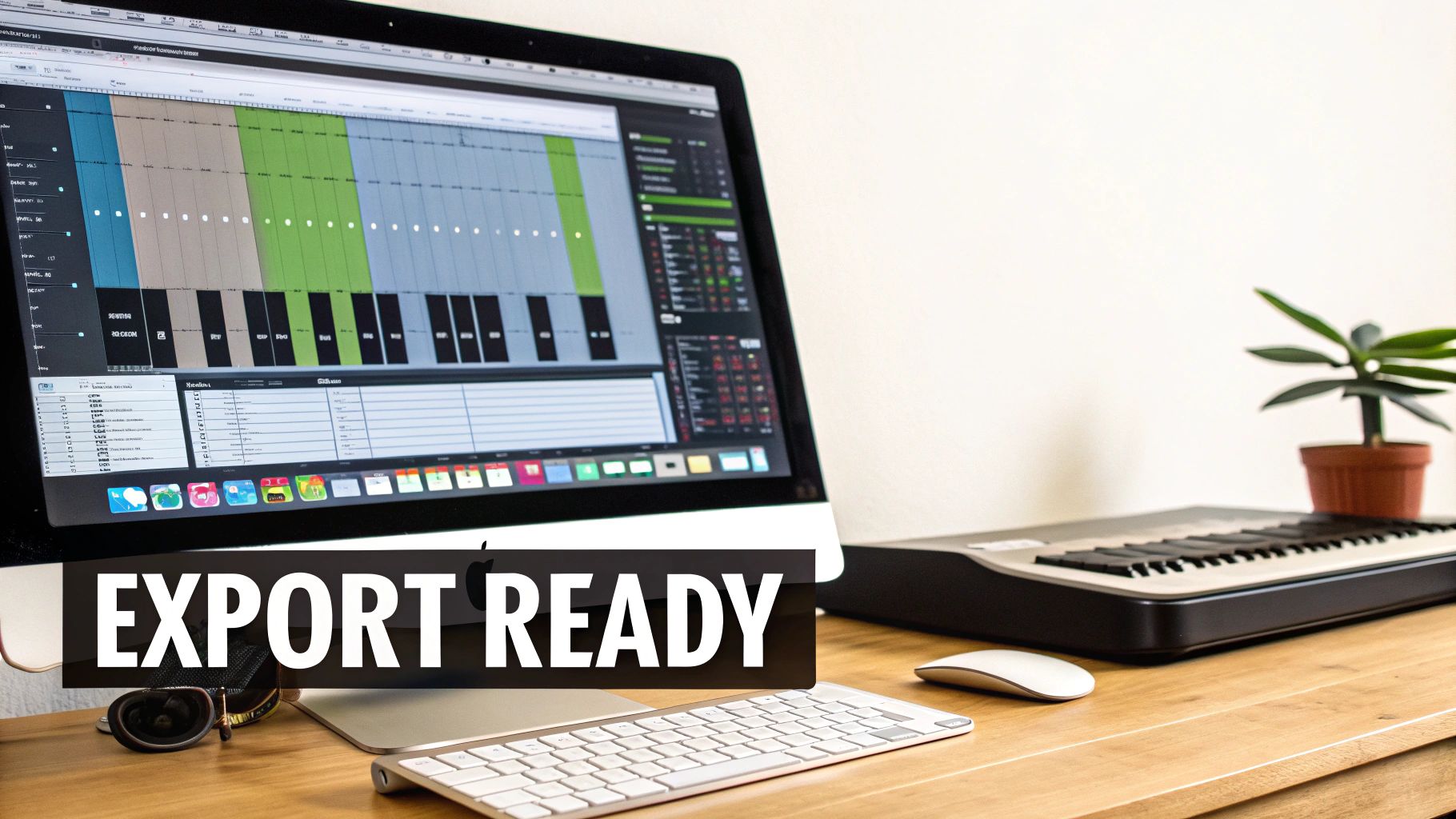 A digital audio workstation (DAW) interface is shown on a computer screen, with sound waves and mixing controls visible.