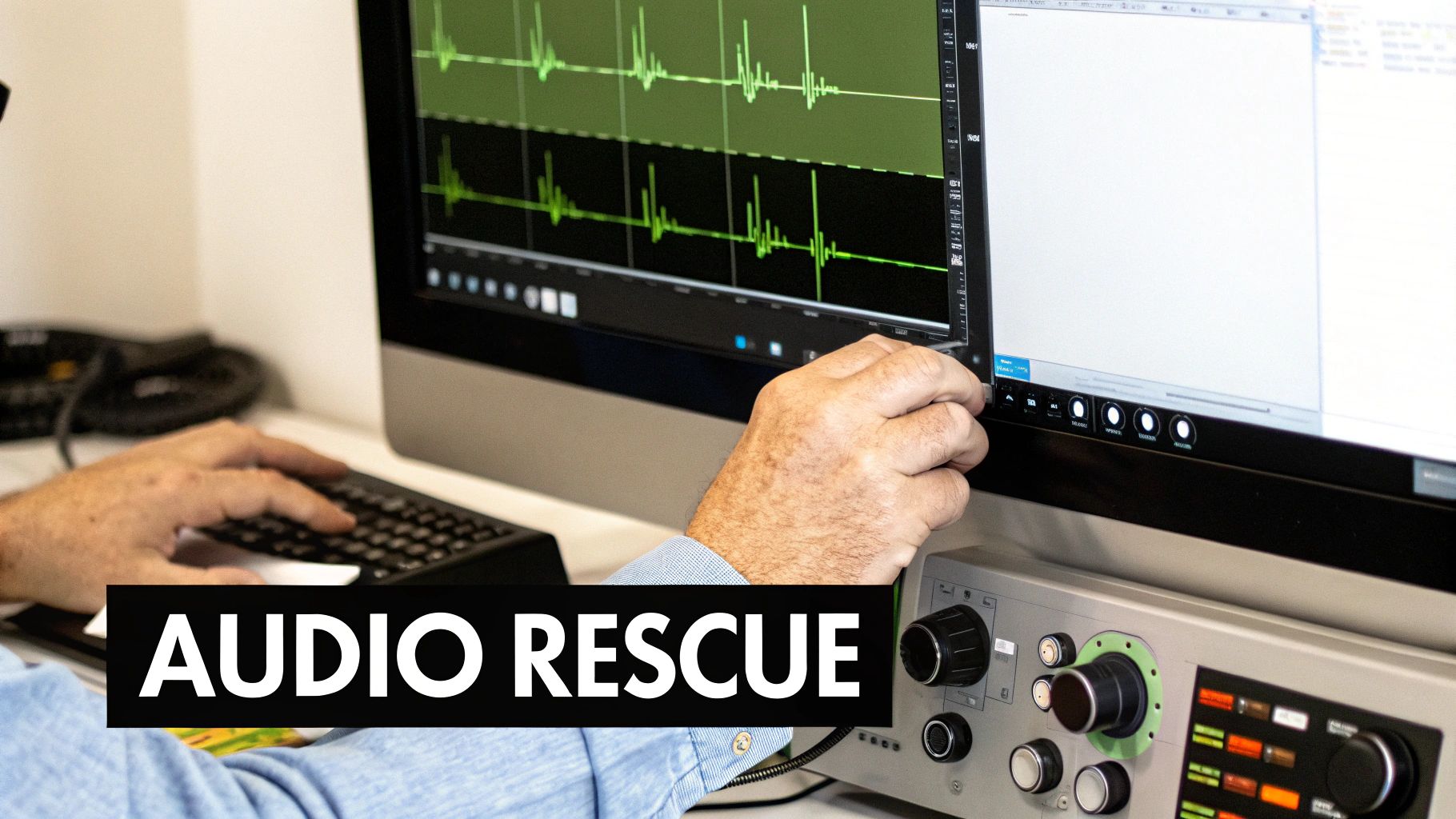 A digital audio workstation displaying a spectral frequency view for precise audio cleanup.