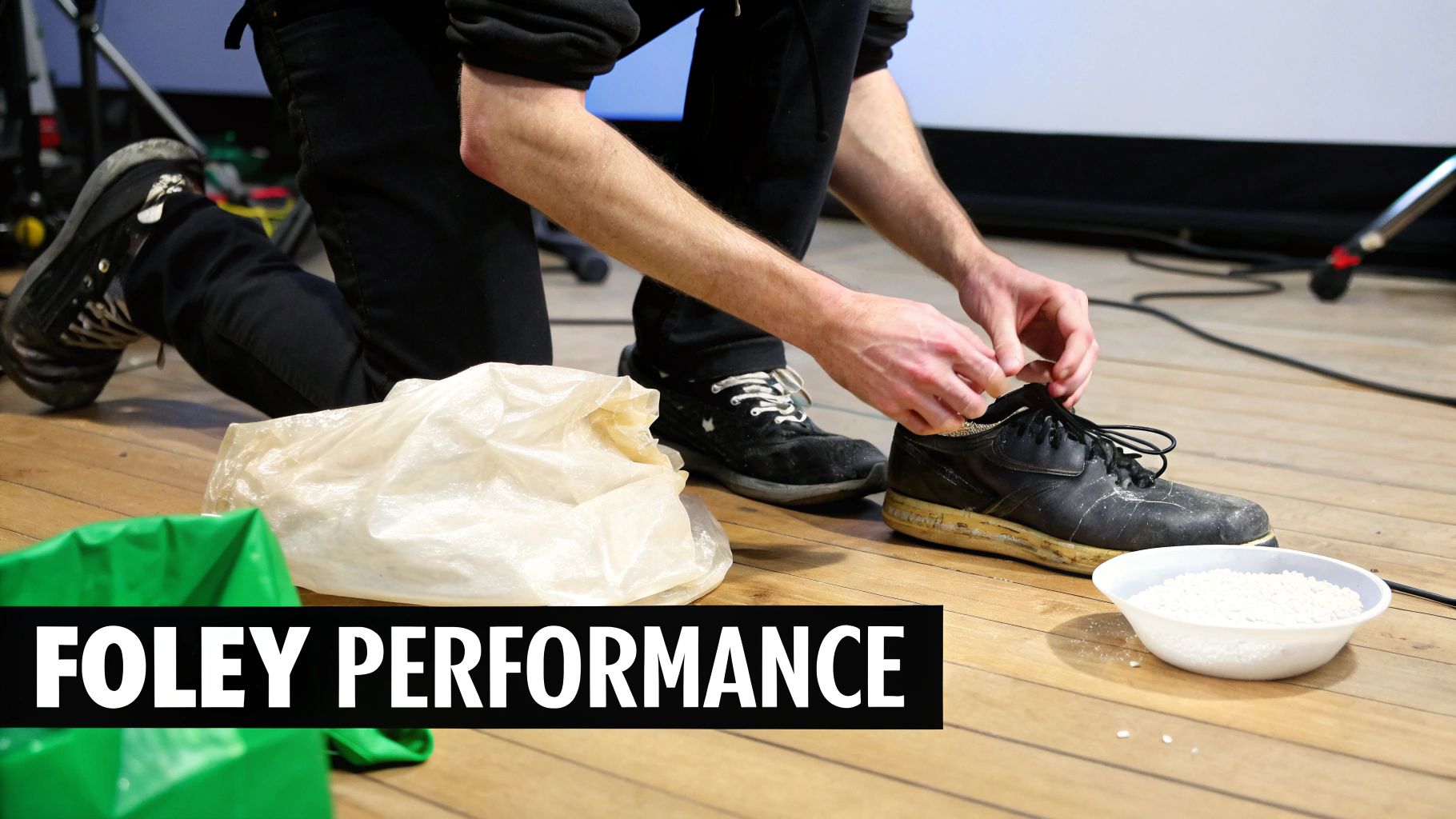 A foley artist kneels, preparing a black shoe with a bowl of rice and plastic bag on a wooden floor.