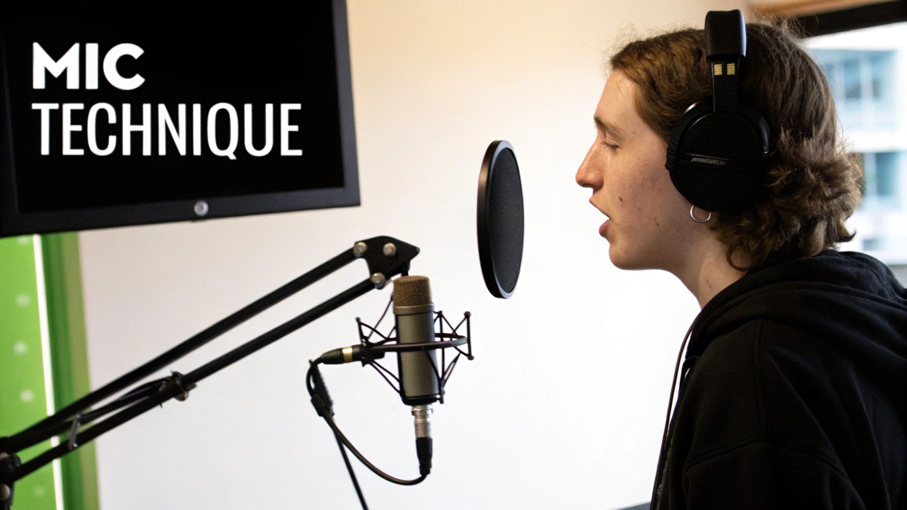 A person speaking clearly into a microphone, demonstrating good proximity and angle.