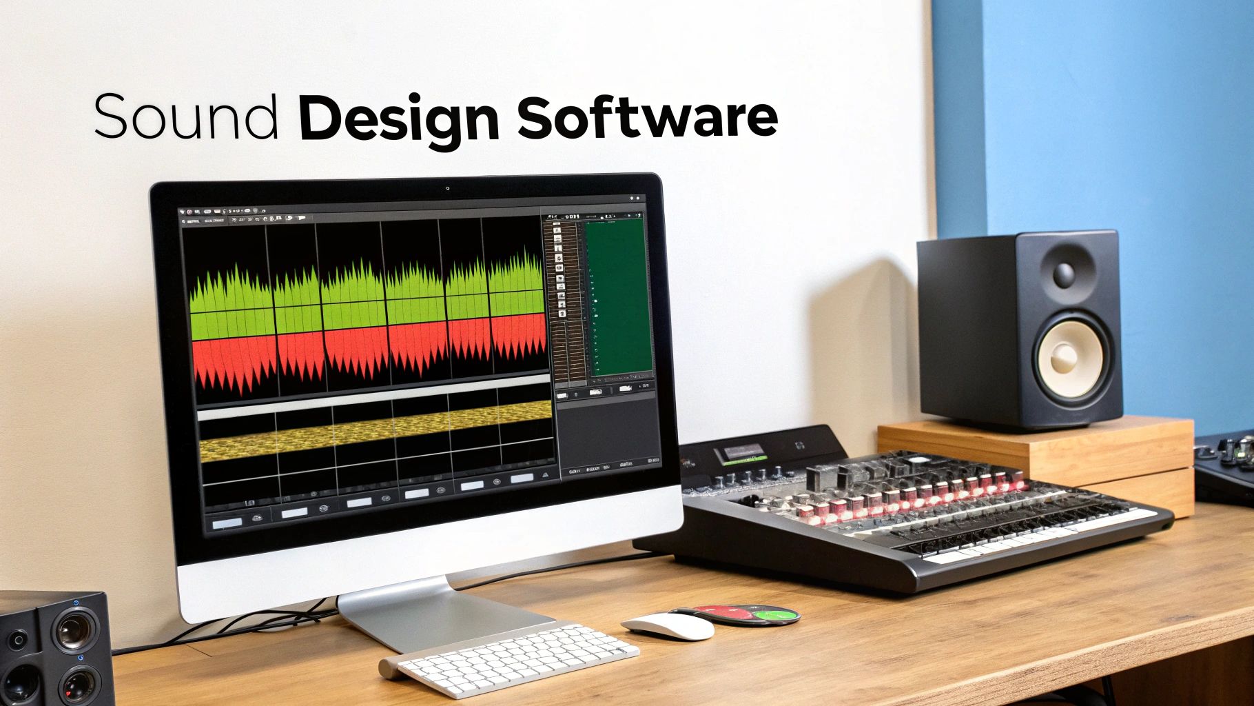 A sound designer working with sound design software on a computer with multiple monitors.