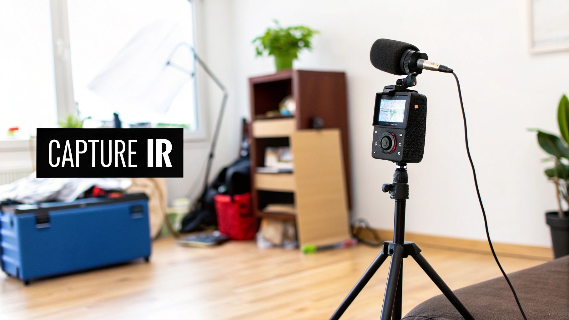 A black camera with a microphone on a tripod stands in an indoor setting, ready for recording.