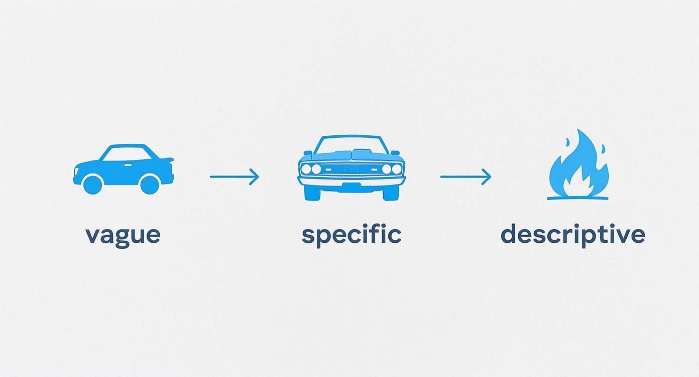 Infographic showing the process of refining a prompt from vague to specific to descriptive for better sound effects.