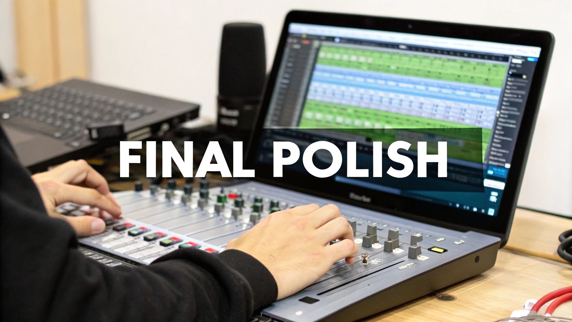 A close-up view of audio editing software, showing sound waves being trimmed and adjusted on a timeline.