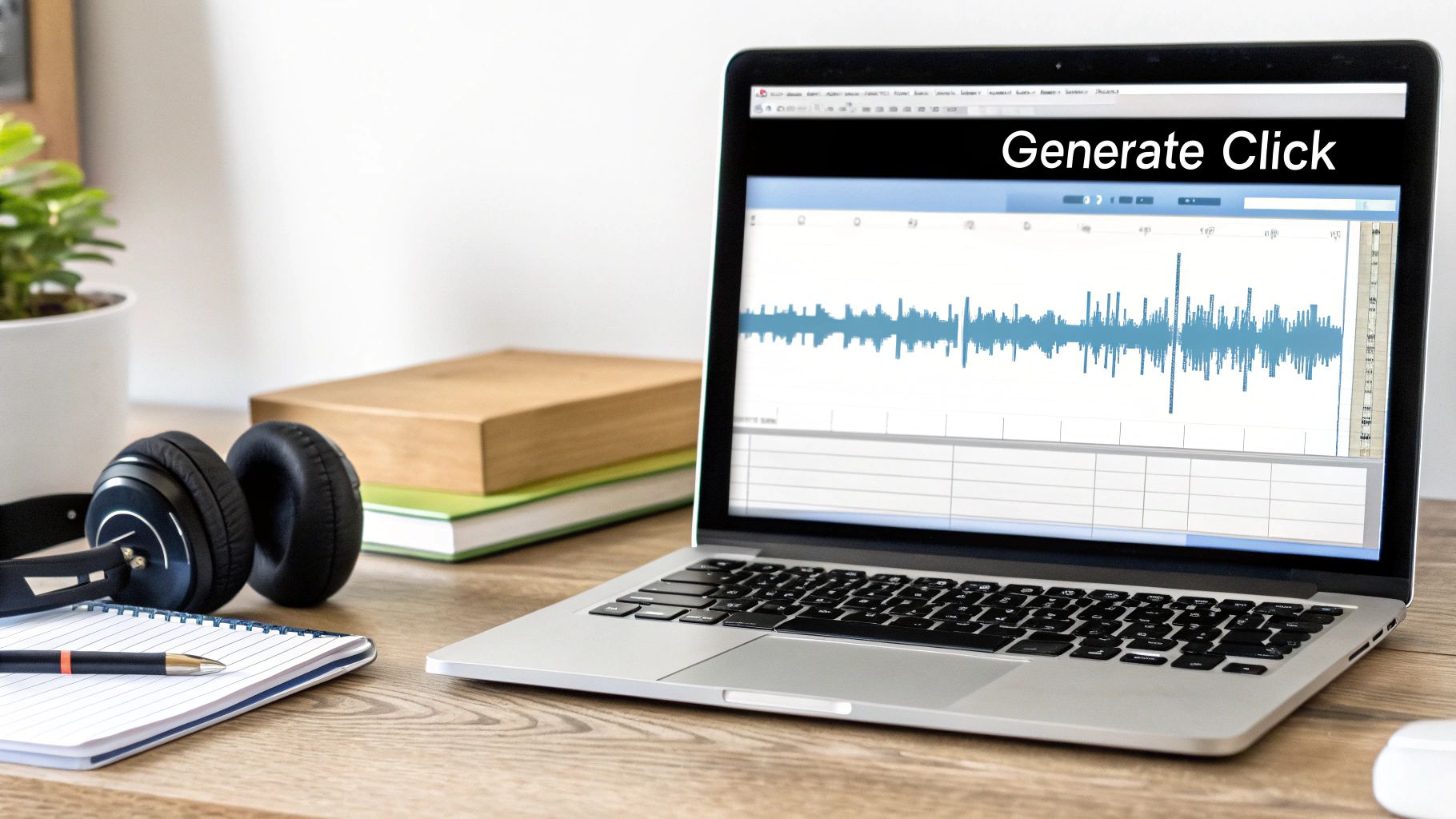 A laptop with a sound editing program displaying a waveform and 'Generate Click' text. Headphones, a notebook, and books are on a wooden desk.