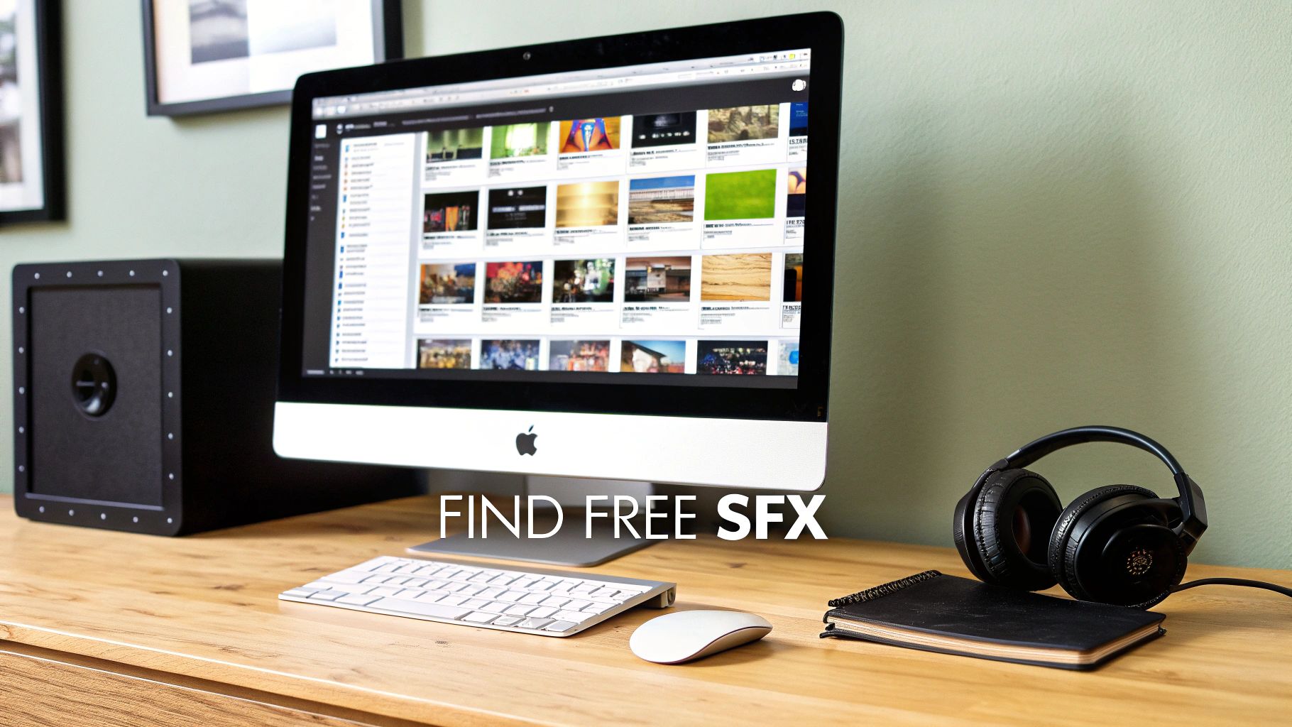 Desktop workspace with iMac computer displaying image gallery and text find free SFX sound effects